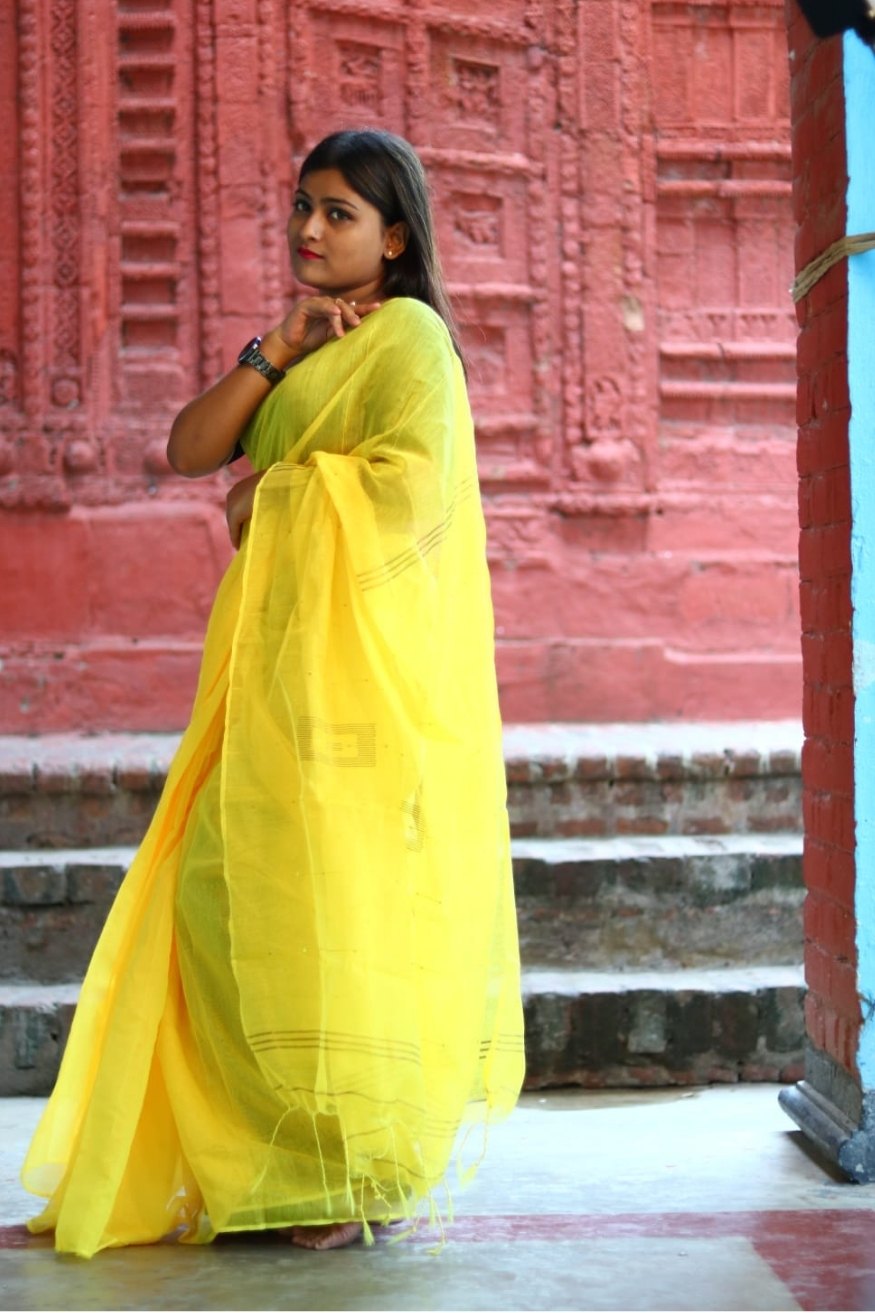 Ripe Lemon Yellow Cotton Sequence Chumki Saree