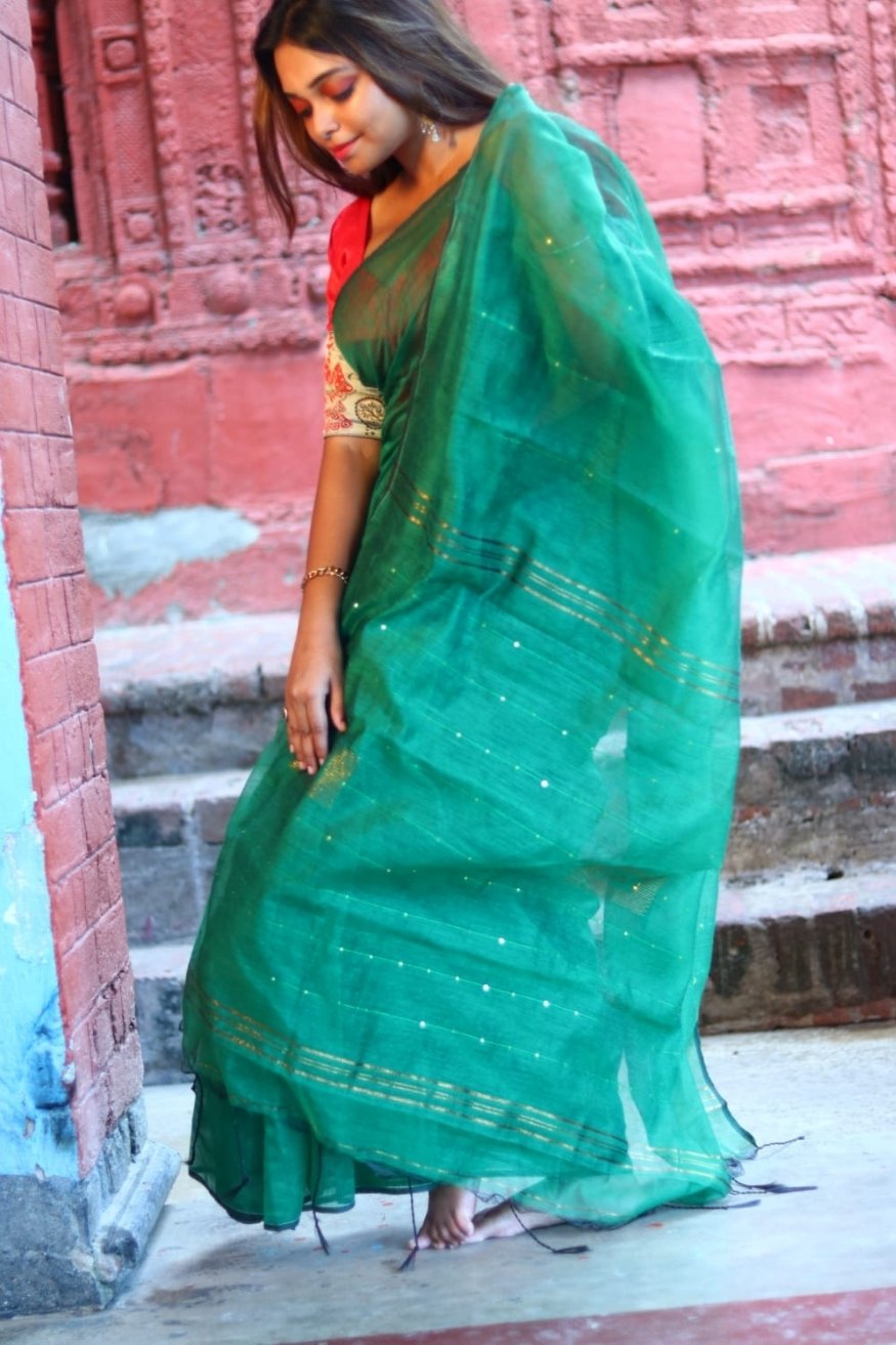 Emerald Green Cotton Sequence Chumki Saree