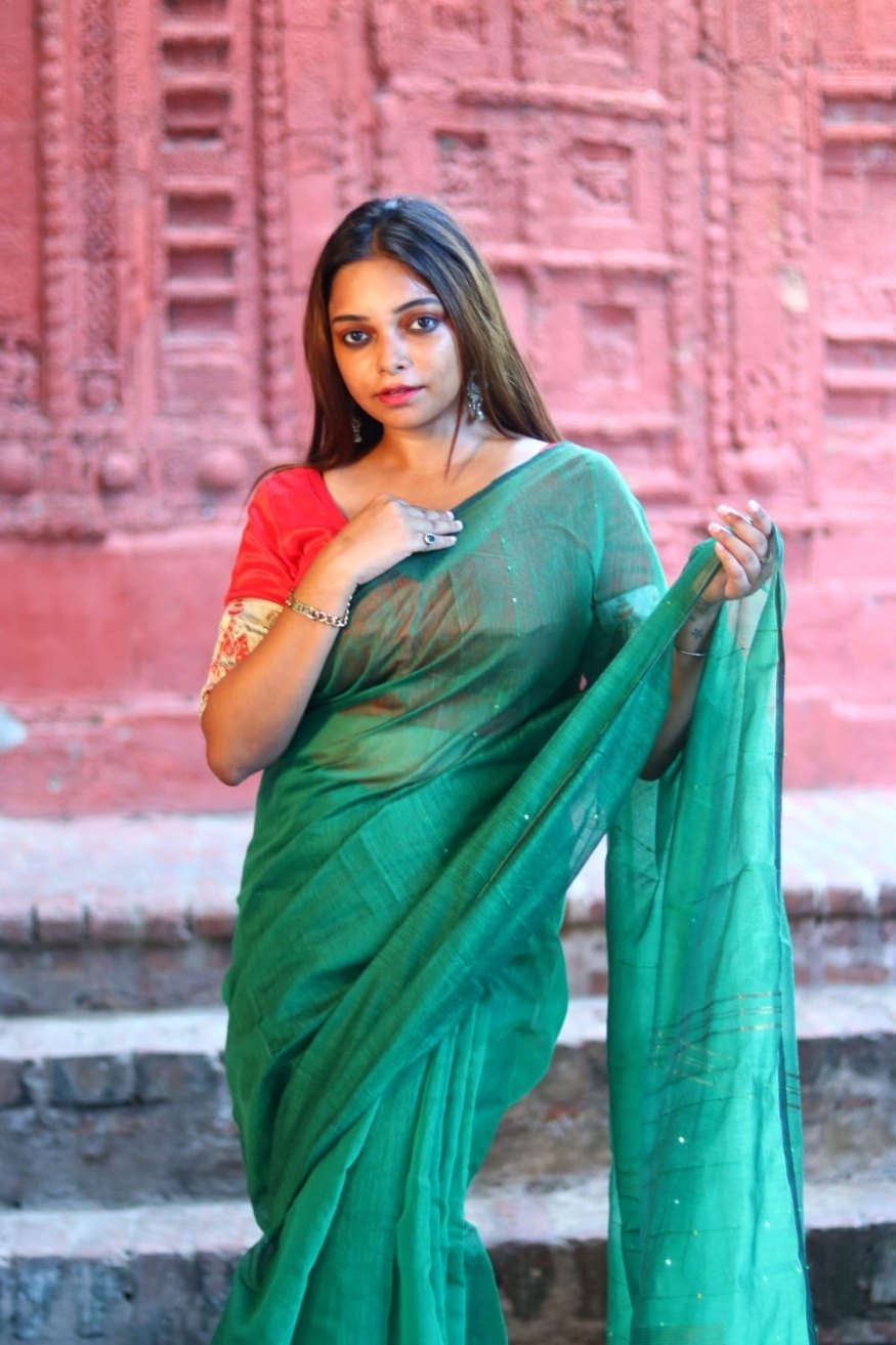 Emerald Green Cotton Sequence Chumki Saree