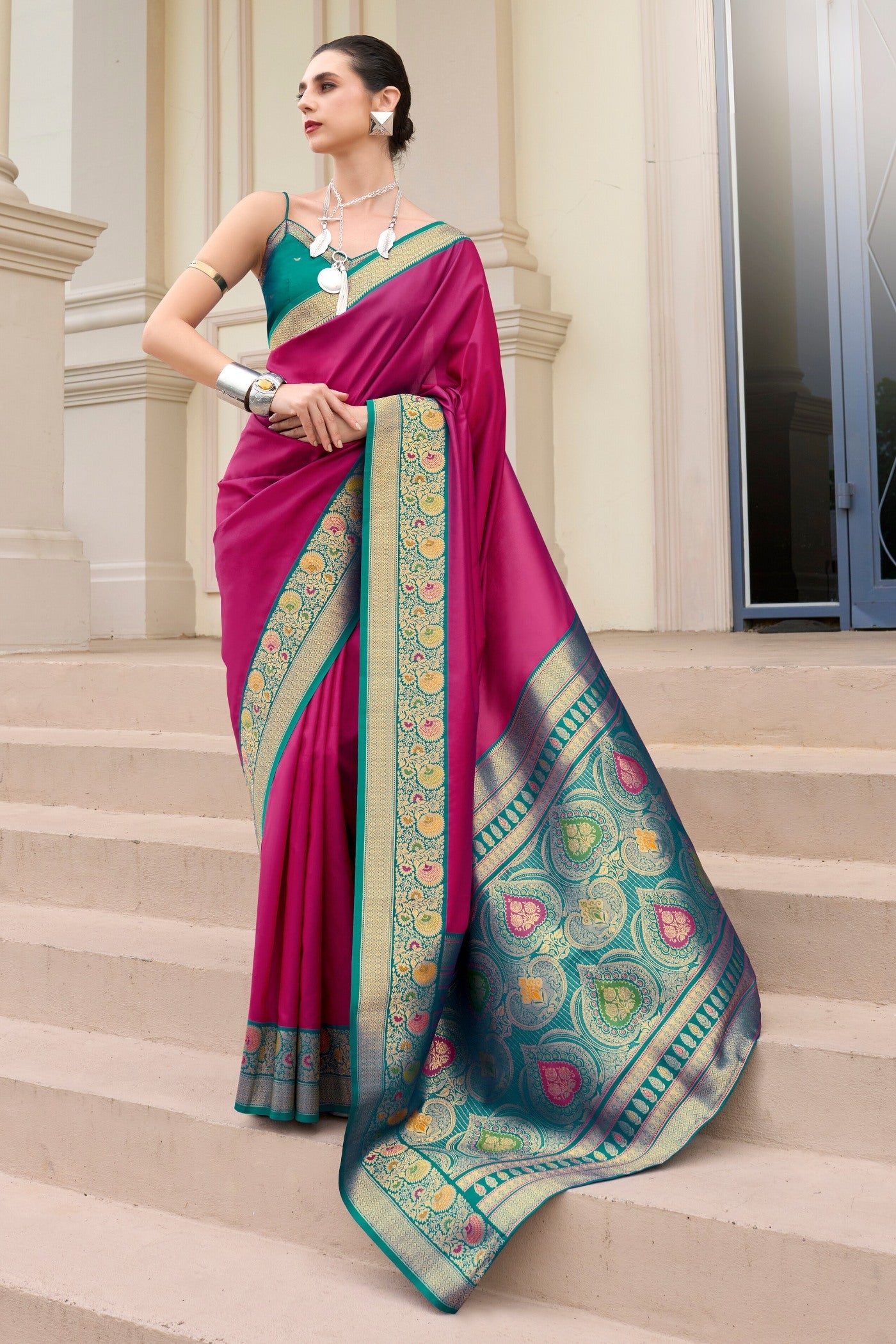 Hibiscus Pink Woven Banarasi Soft Silk Saree