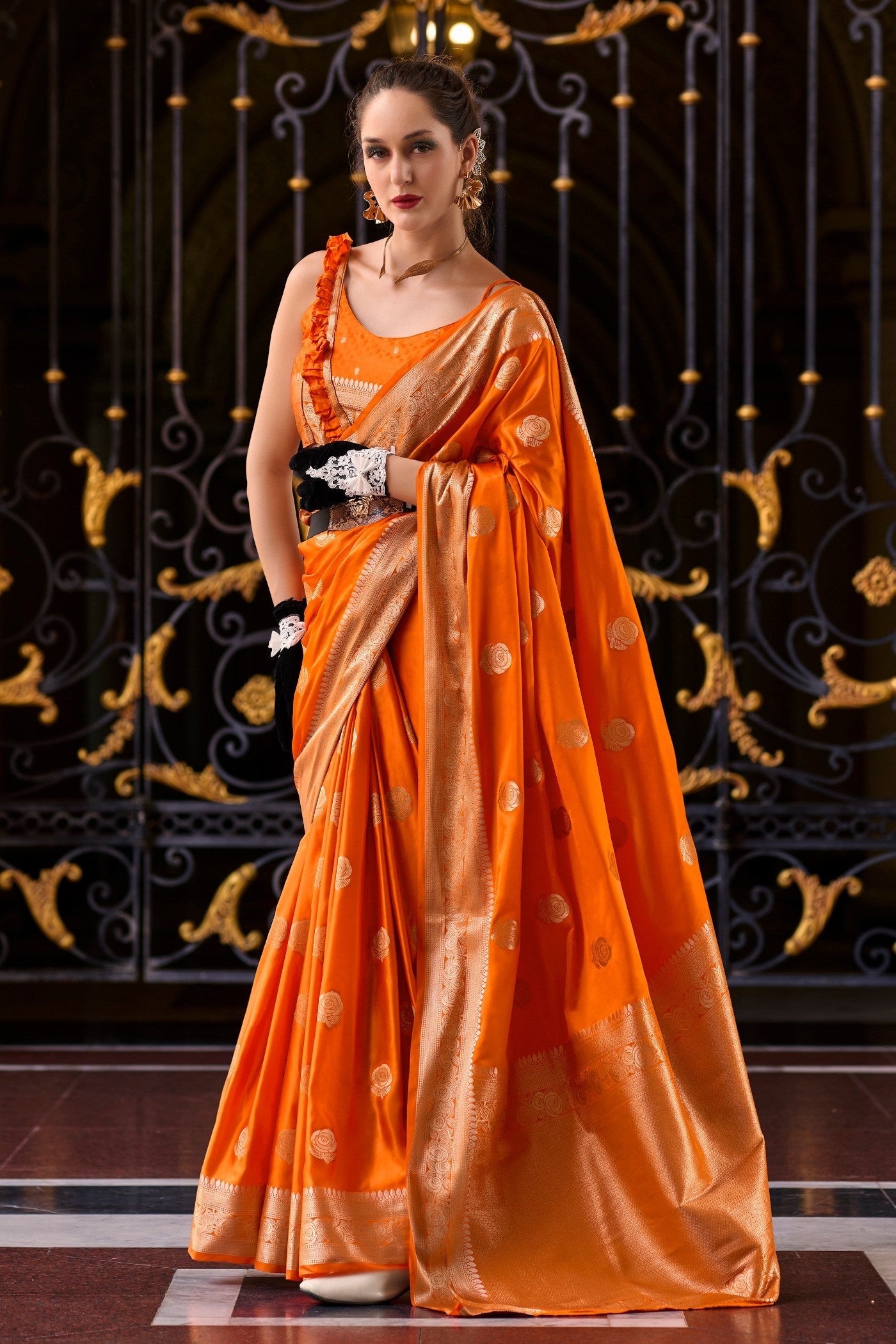 Tia Maria Orange Handloom Satin Silk Saree