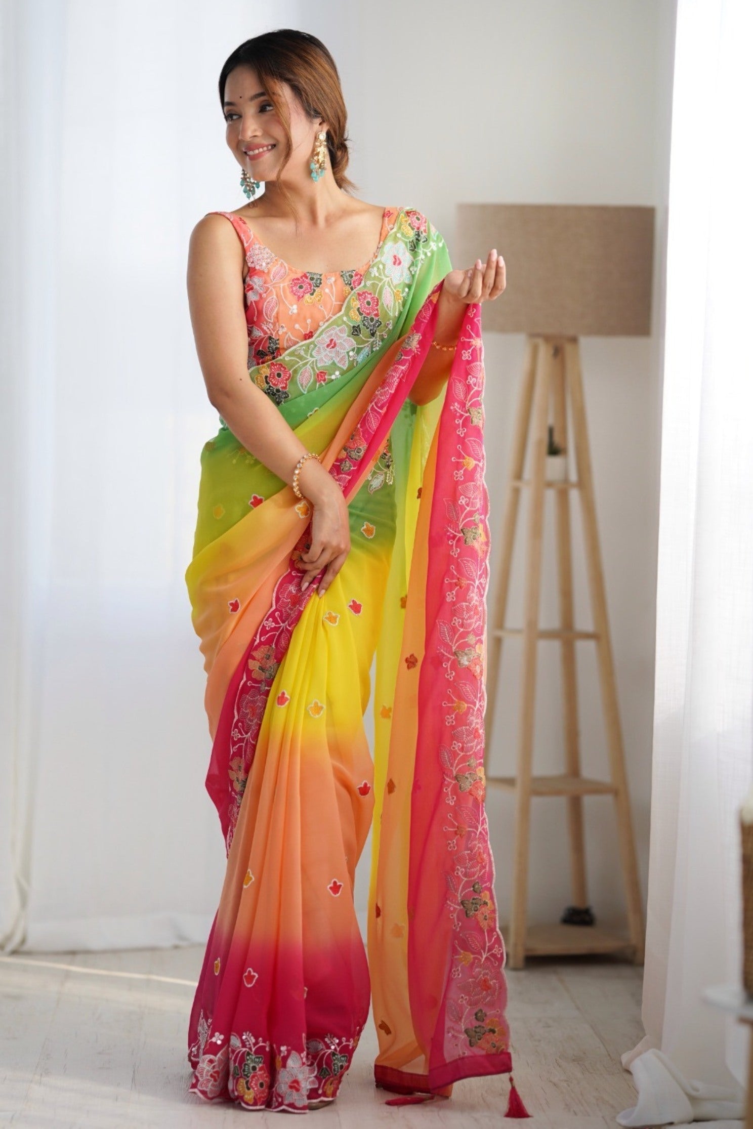 Honey Yellow and Orange Georgette Saree