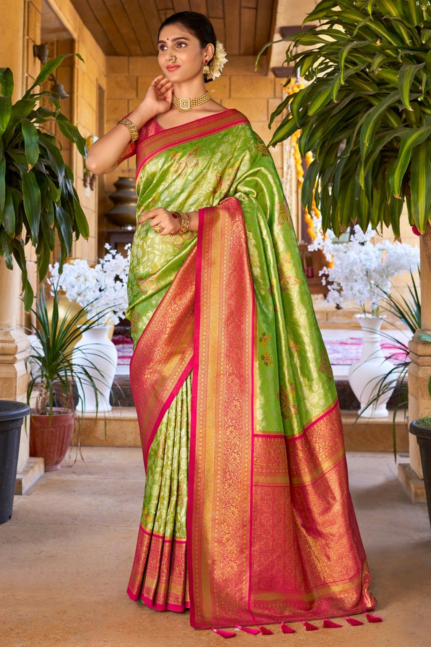 Peridot Green Woven Kanjivaram Saree