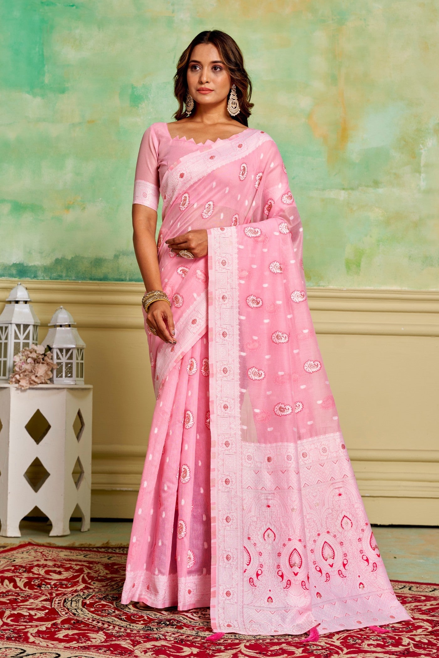 Pastel Pink Woven Cotton Saree