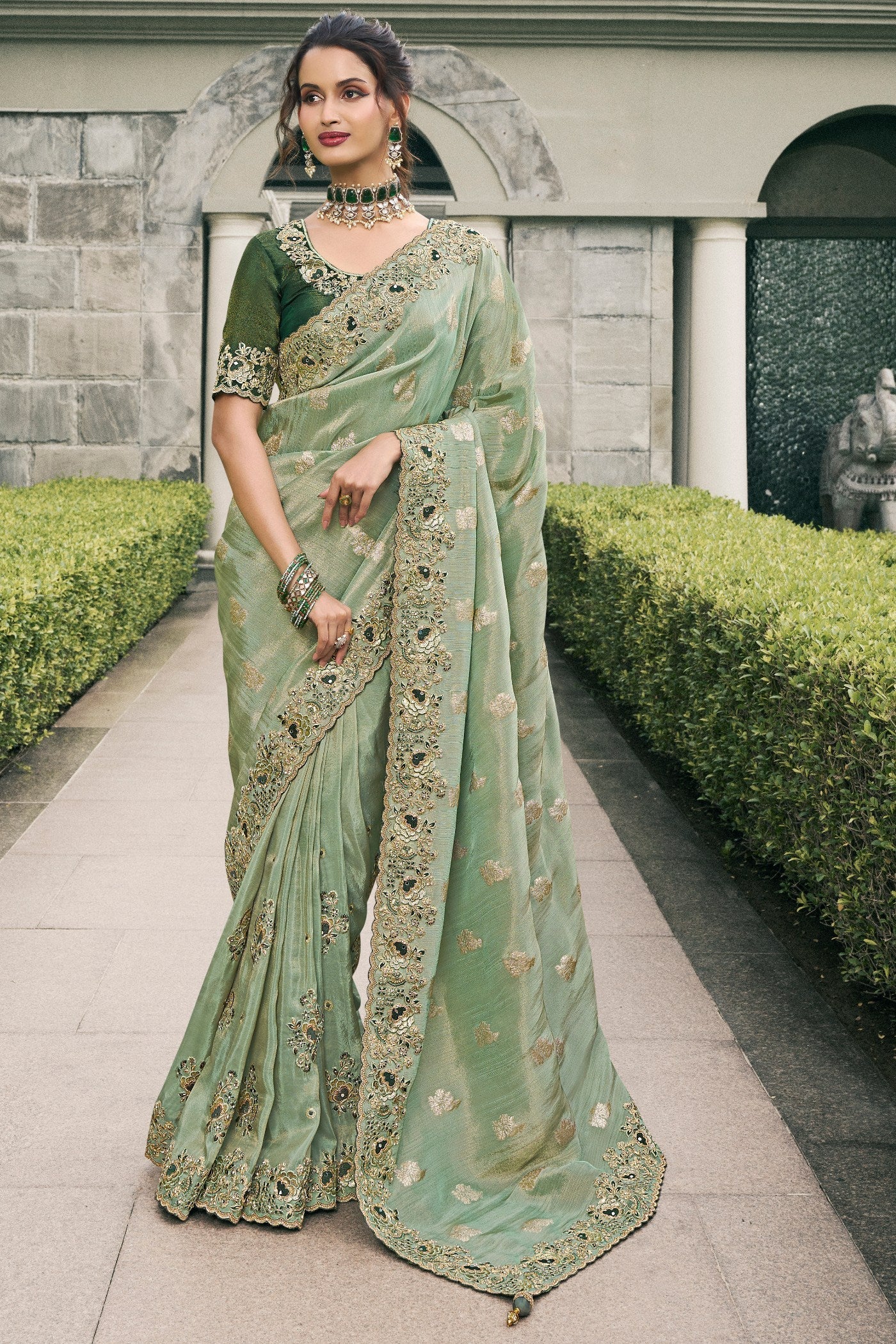 Tallow Green Banarasi Designer Embroidered Saree