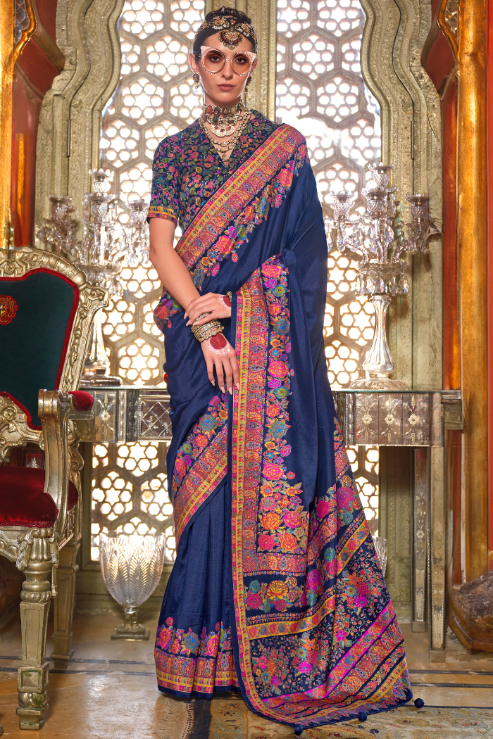 Pearl Blue Printed Banarasi Saree