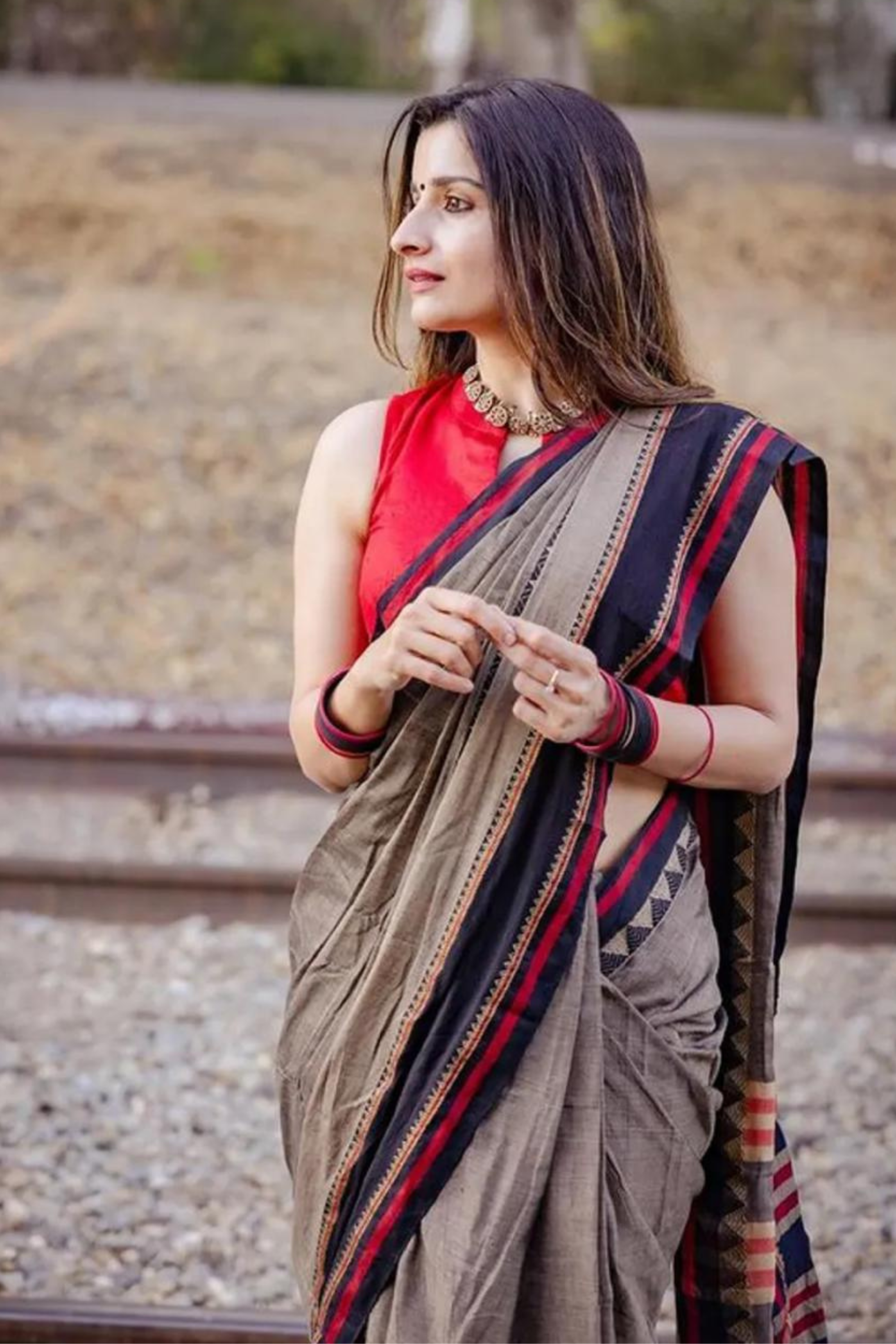 Coco Brown and Grey Shantipuri Bengal Cotton Saree