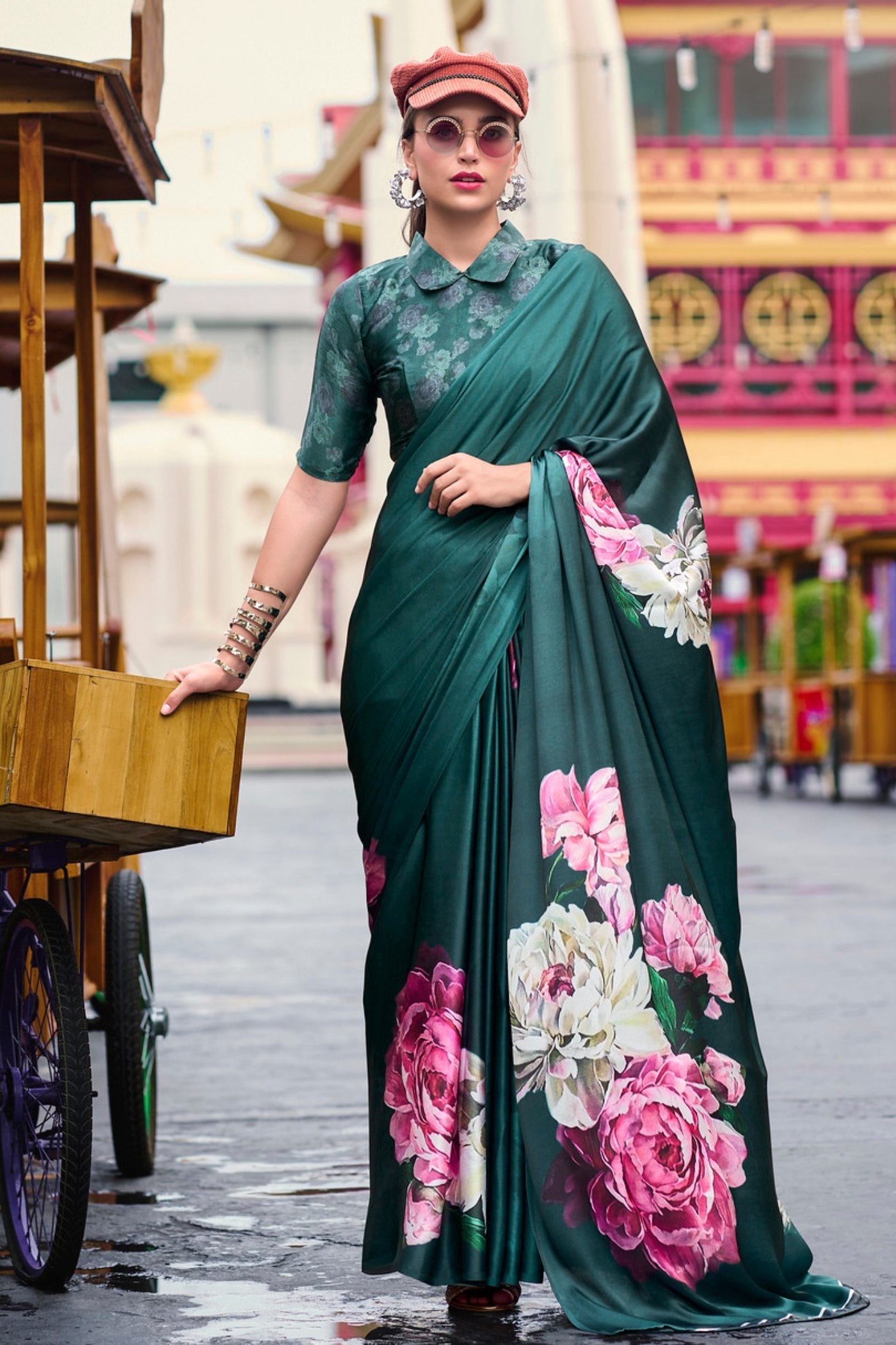 Firefly Green Printed Satin Crepe Silk Saree