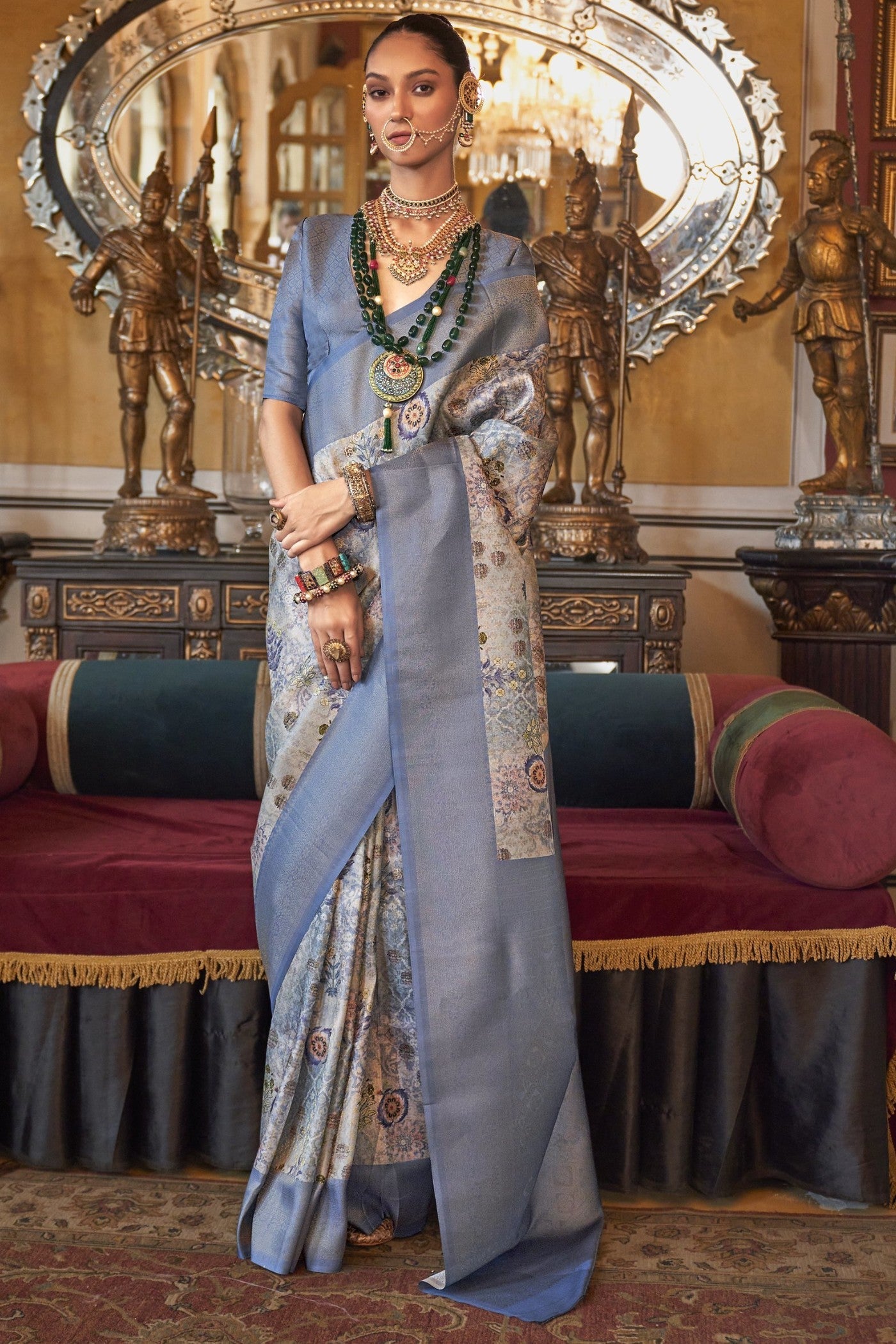 Pewter Blue Tussar Banarasi Digital Printed Saree