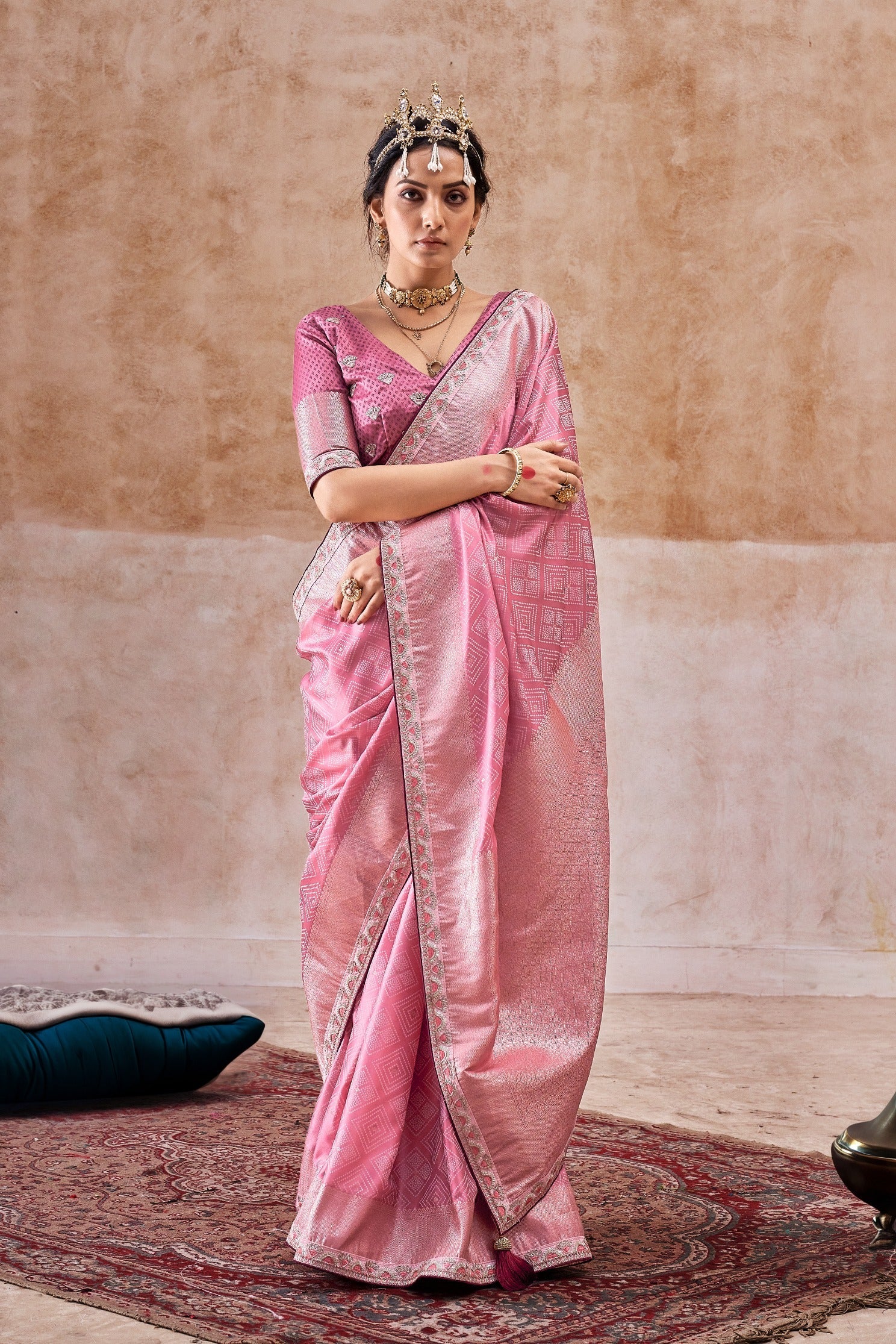 Shilo Pink Embroidered Satin Silk Saree