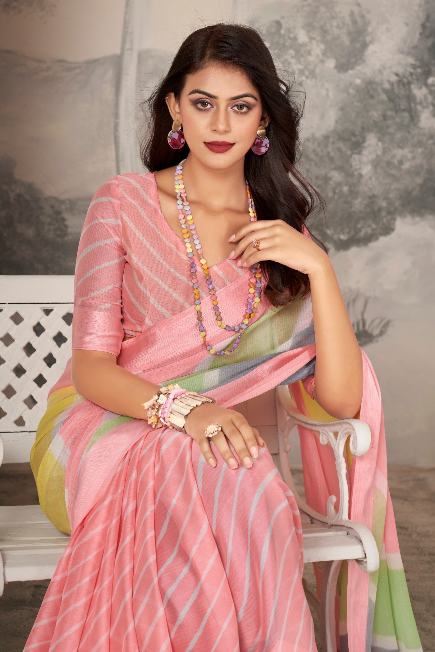 Shilo Pink Printed Satin Silk Saree