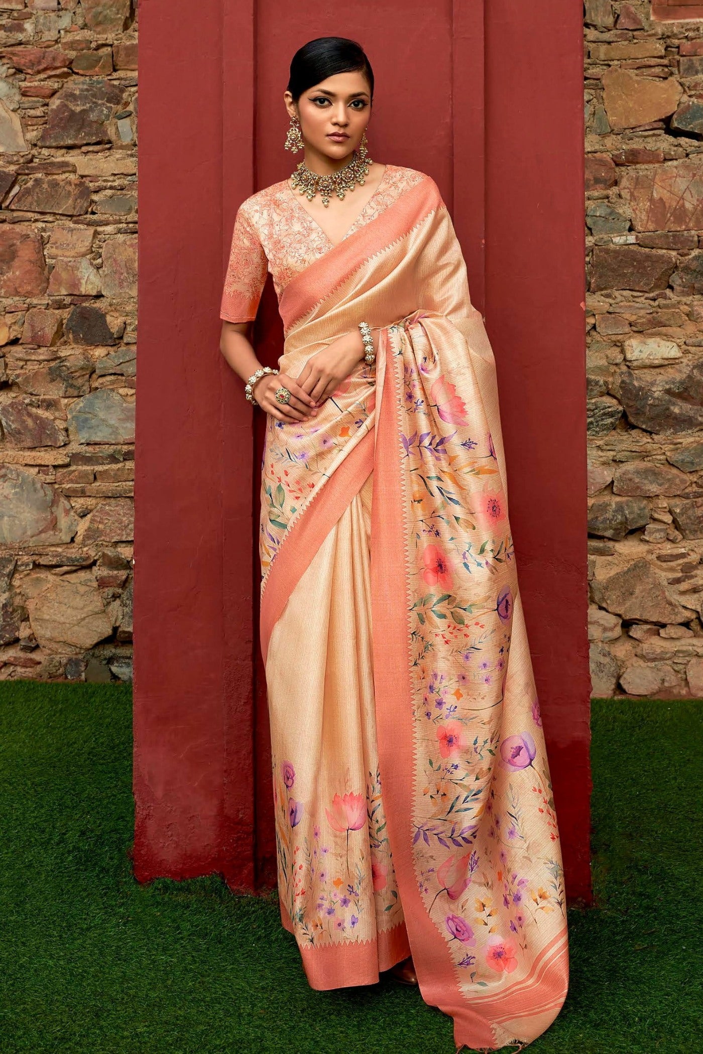 Peach Orange Digital Printed Banarasi Saree