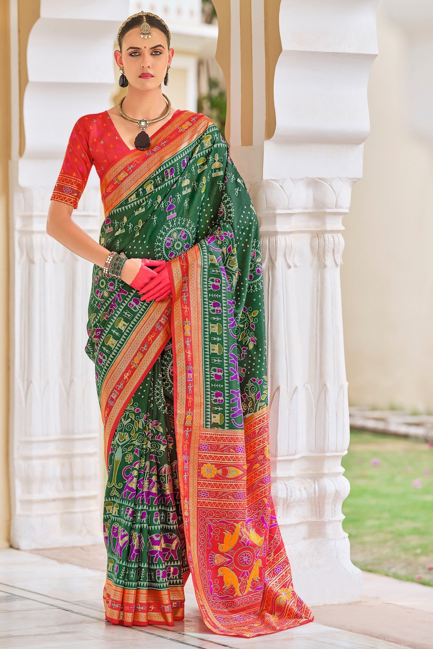 Tom Thumb Green and Red Printed Patola Saree