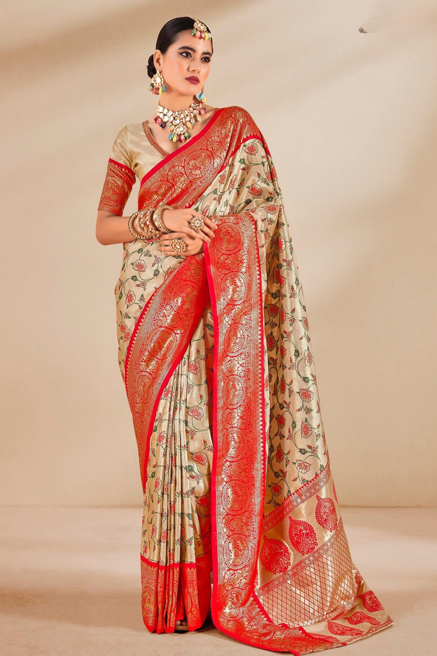 Apricot Cream and Red Zari Woven Banarasi Saree