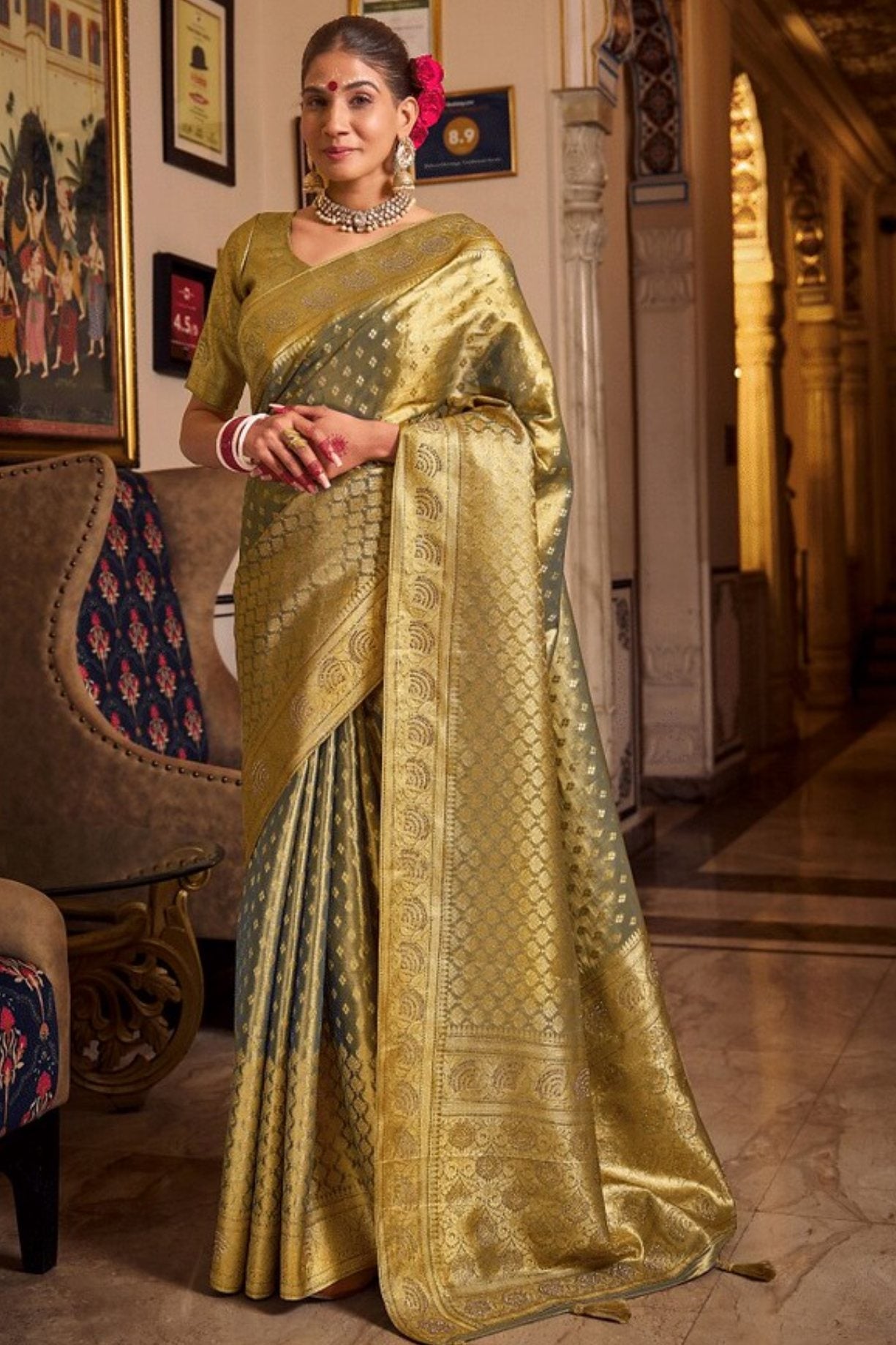 Mist Green Zari Woven Banarasi Saree