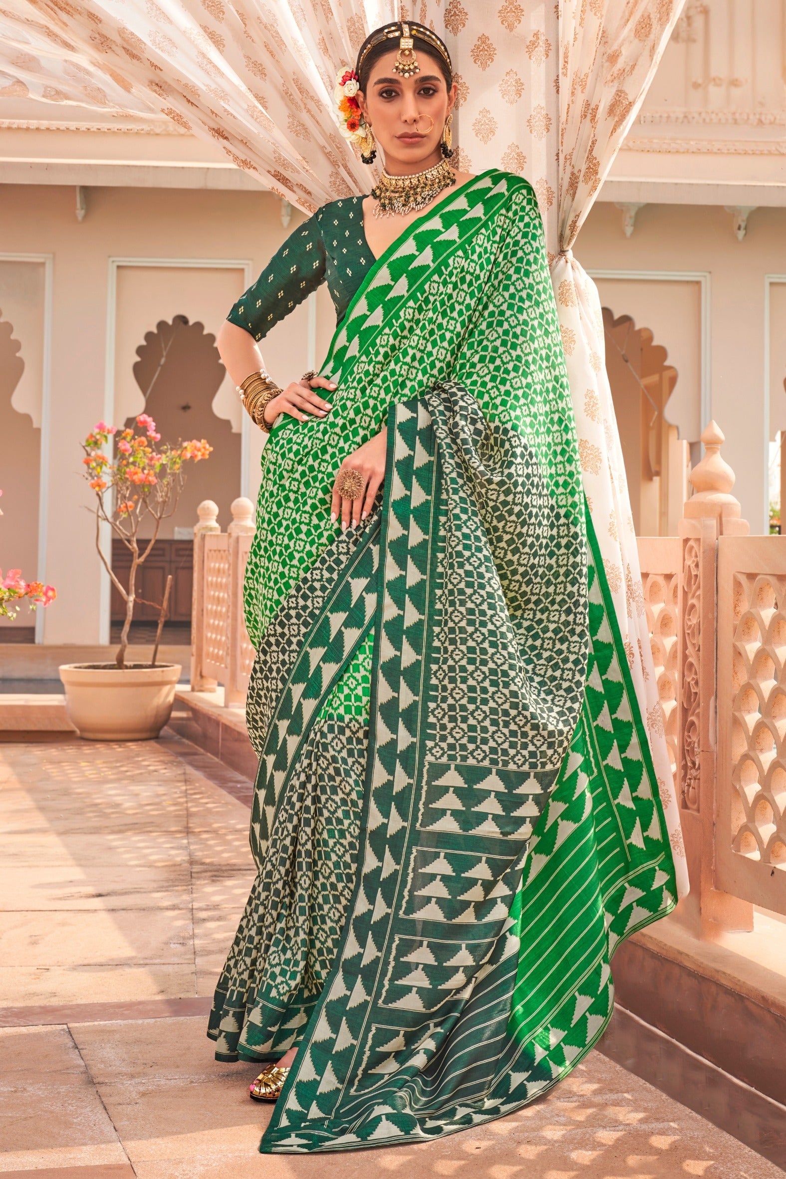 Muted Green Printed Patola Saree