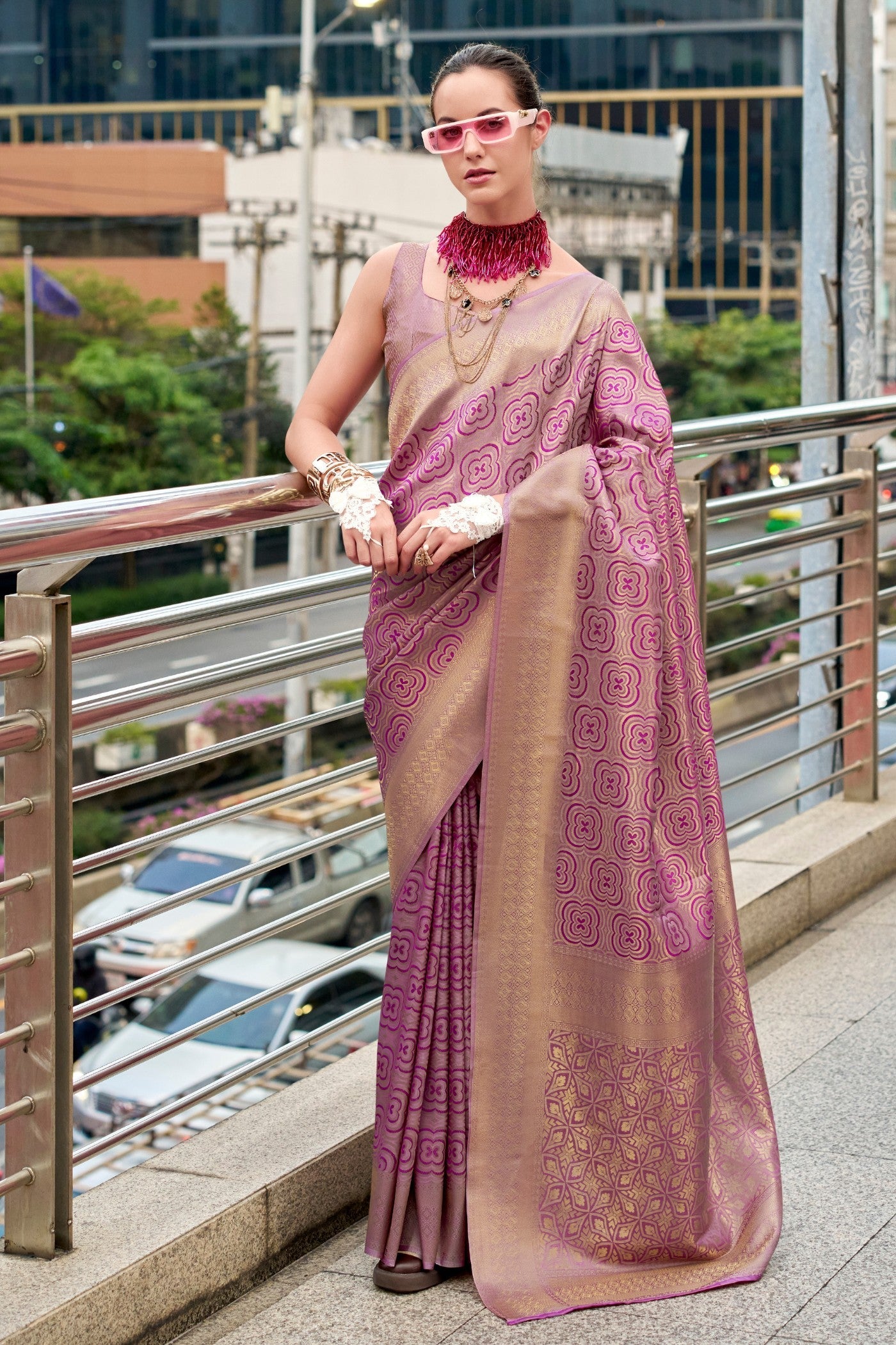 Old Rose Purple Handloom Kanjivaram Saree