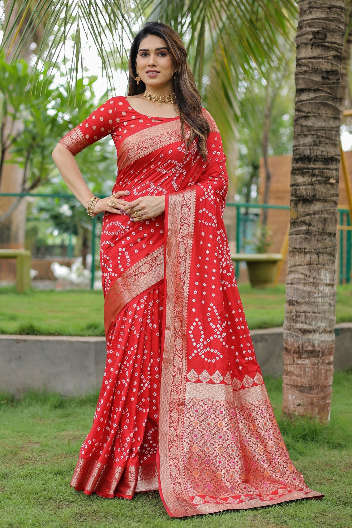 Persian Red Woven Bandhani Dola Silk Saree