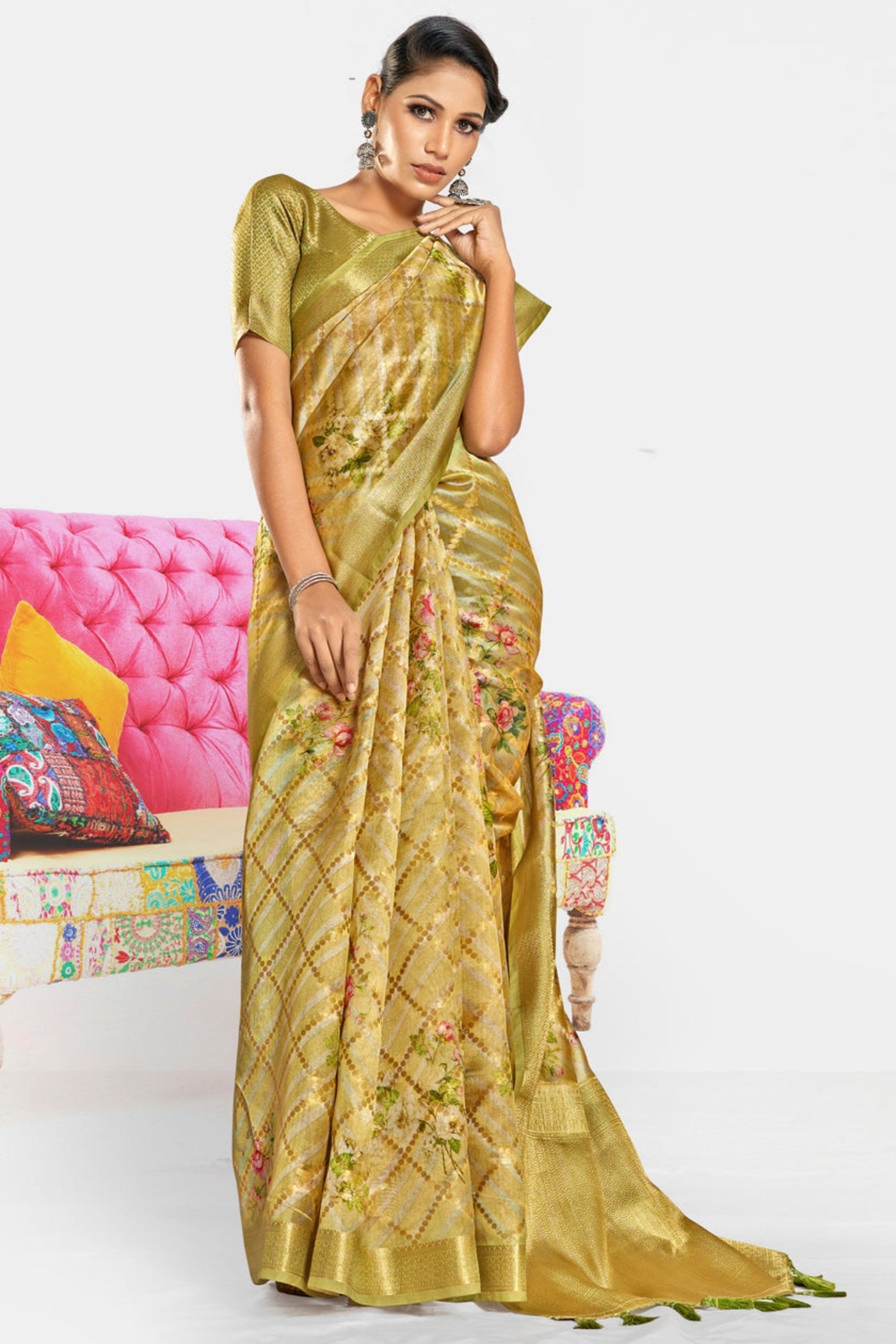 Tulip Yellow Digital Printed Banarasi Saree