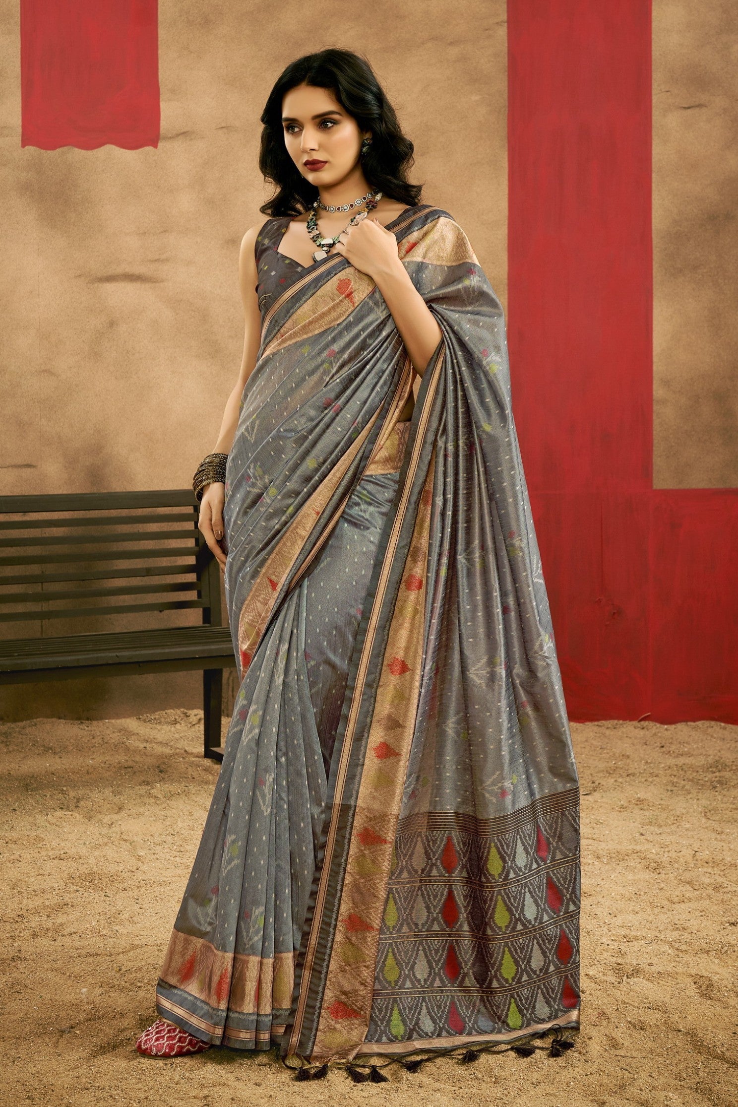 Stone Grey Patola Handloom Saree