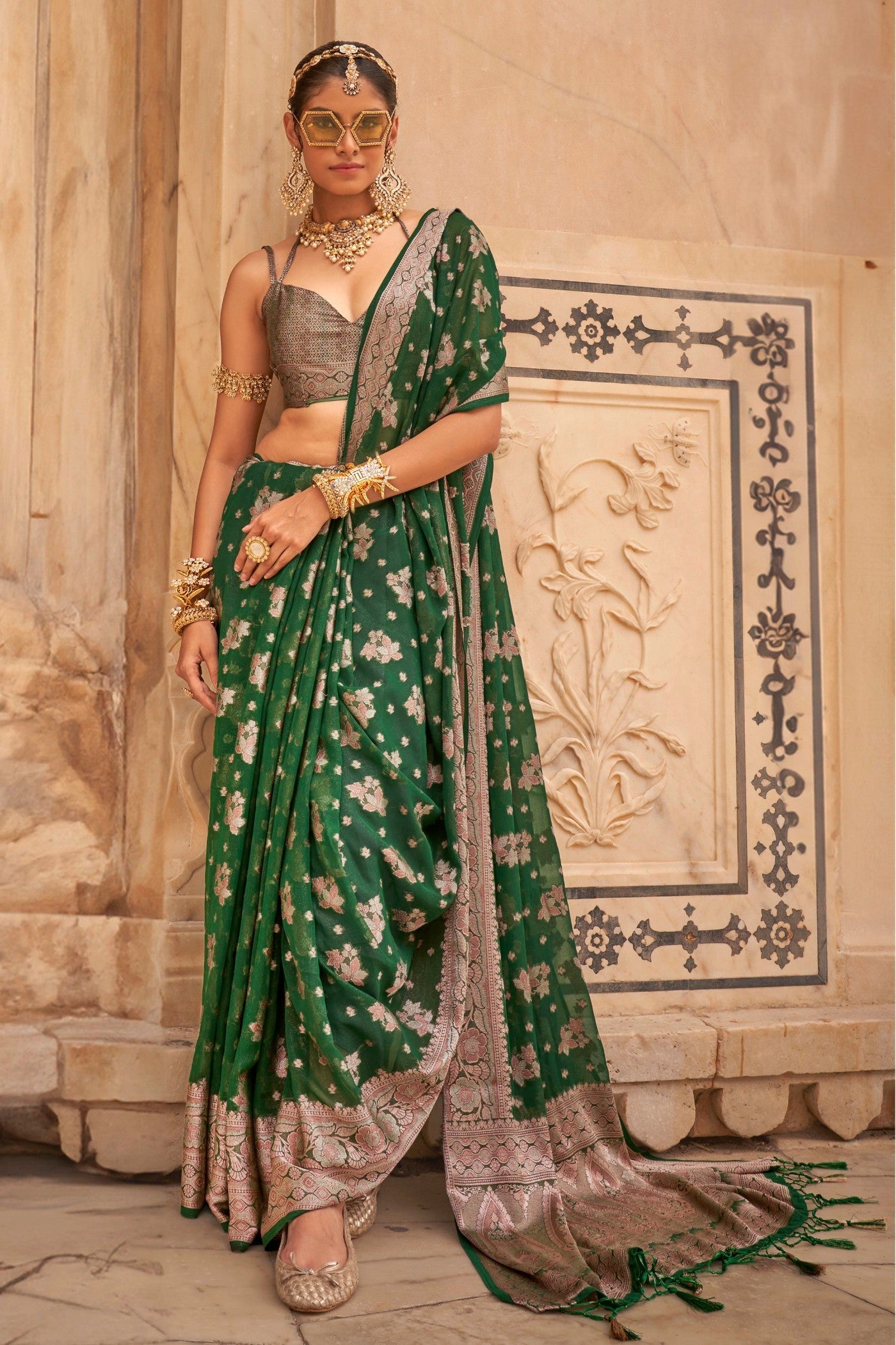 Dark Clover Green Zari Woven Georgette Saree