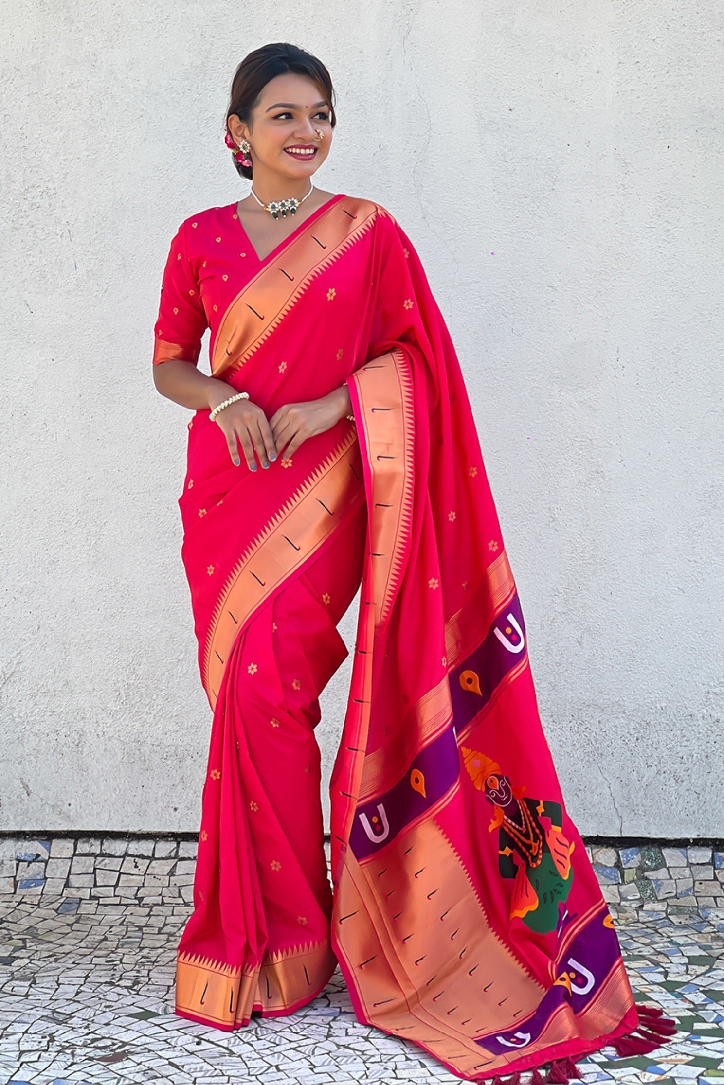 Fire Rose Pink Woven Paithani Saree