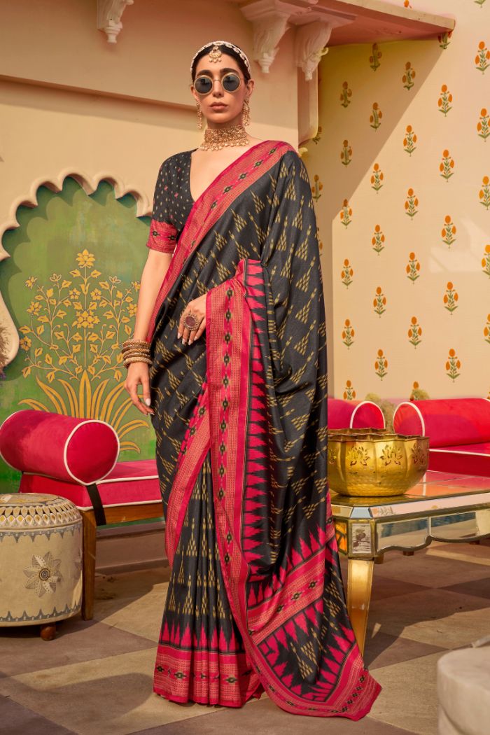 Black Paper Printed Banarasi Soft Silk Saree