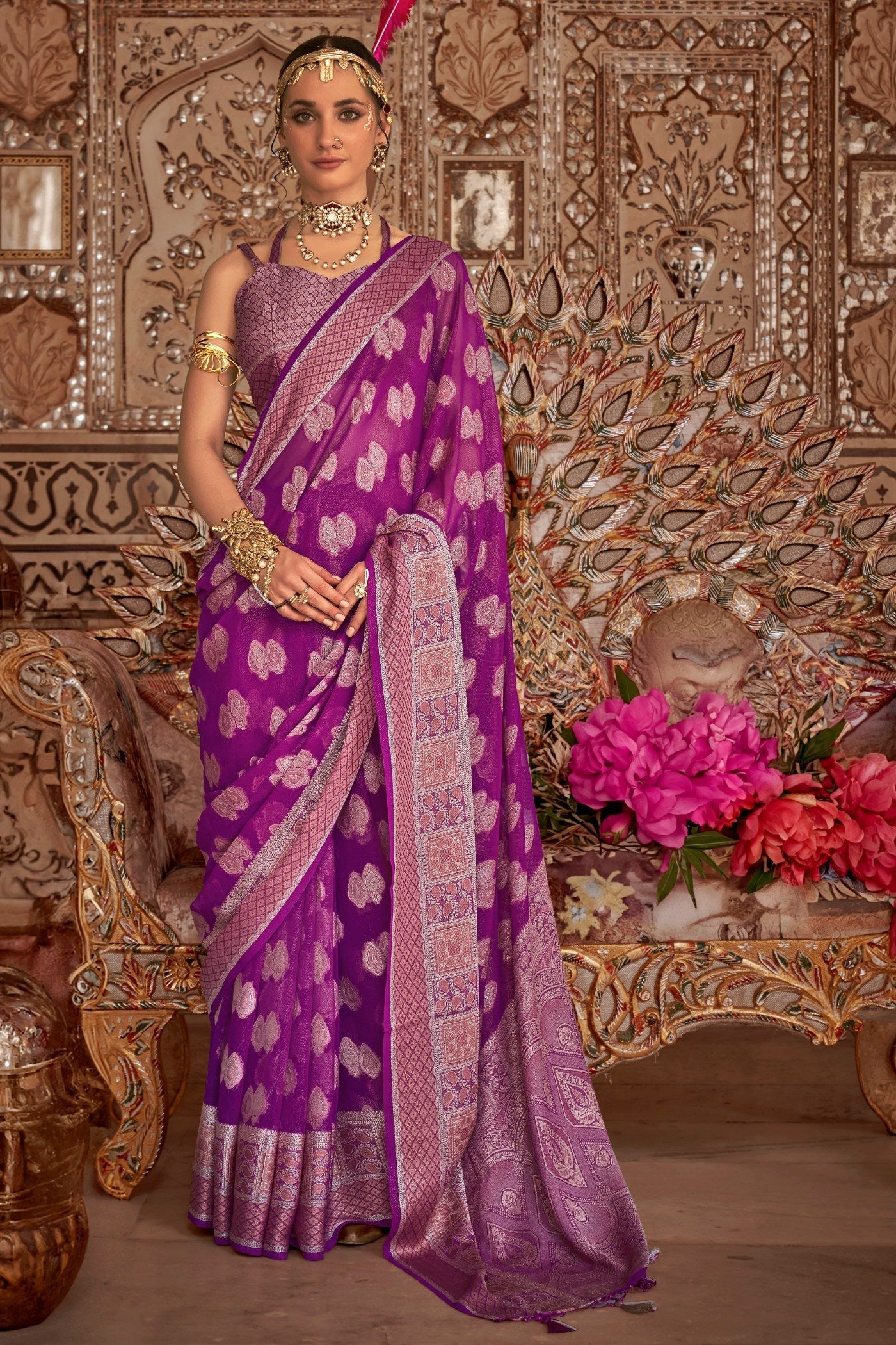 Lolipop Purple Zari Woven Georgette Saree