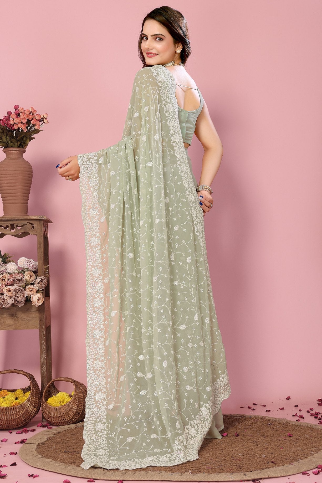 Sisal Green Georgette Embroidered Silk Saree