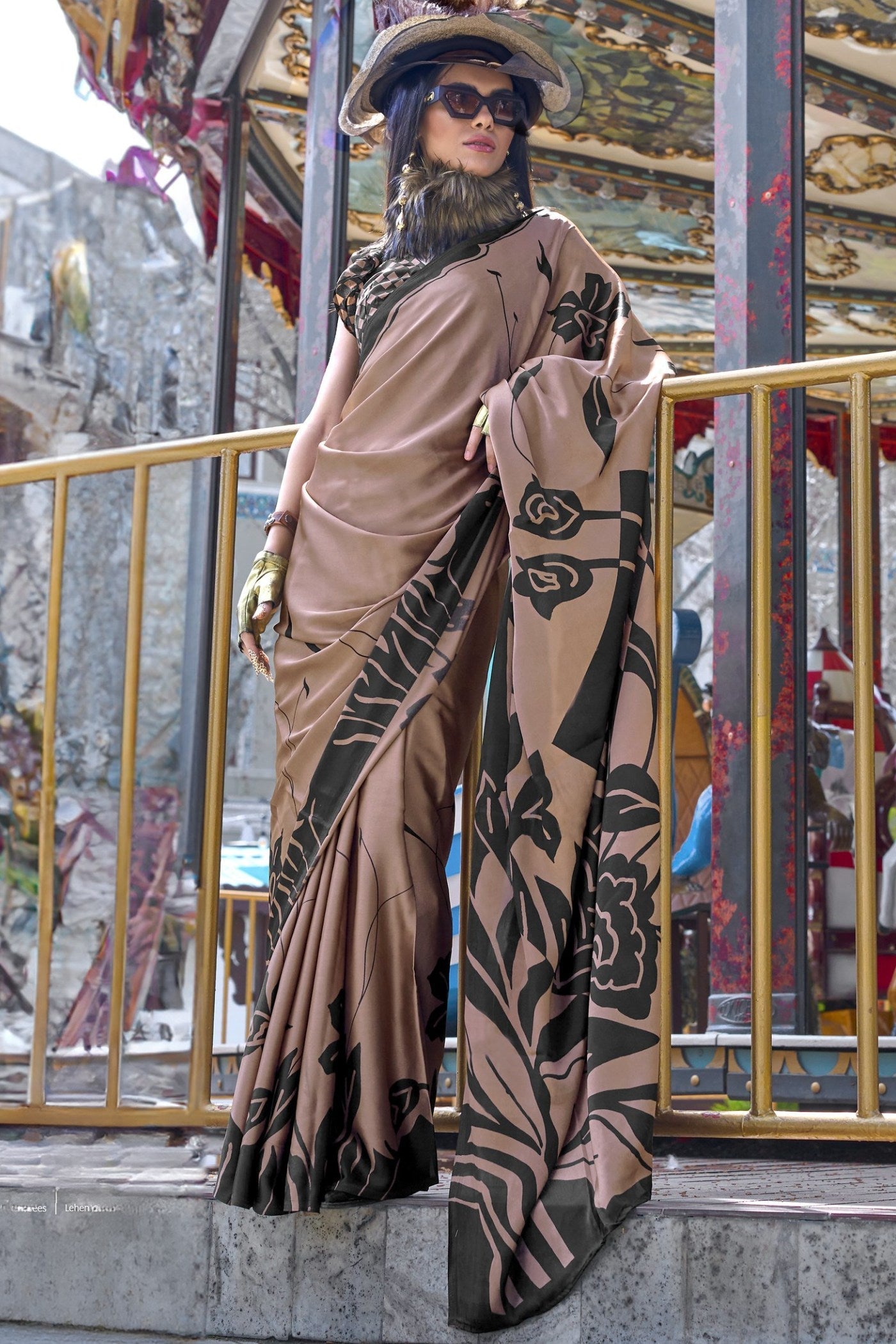 Hickory Brown Printed Satin Crepe Silk Saree