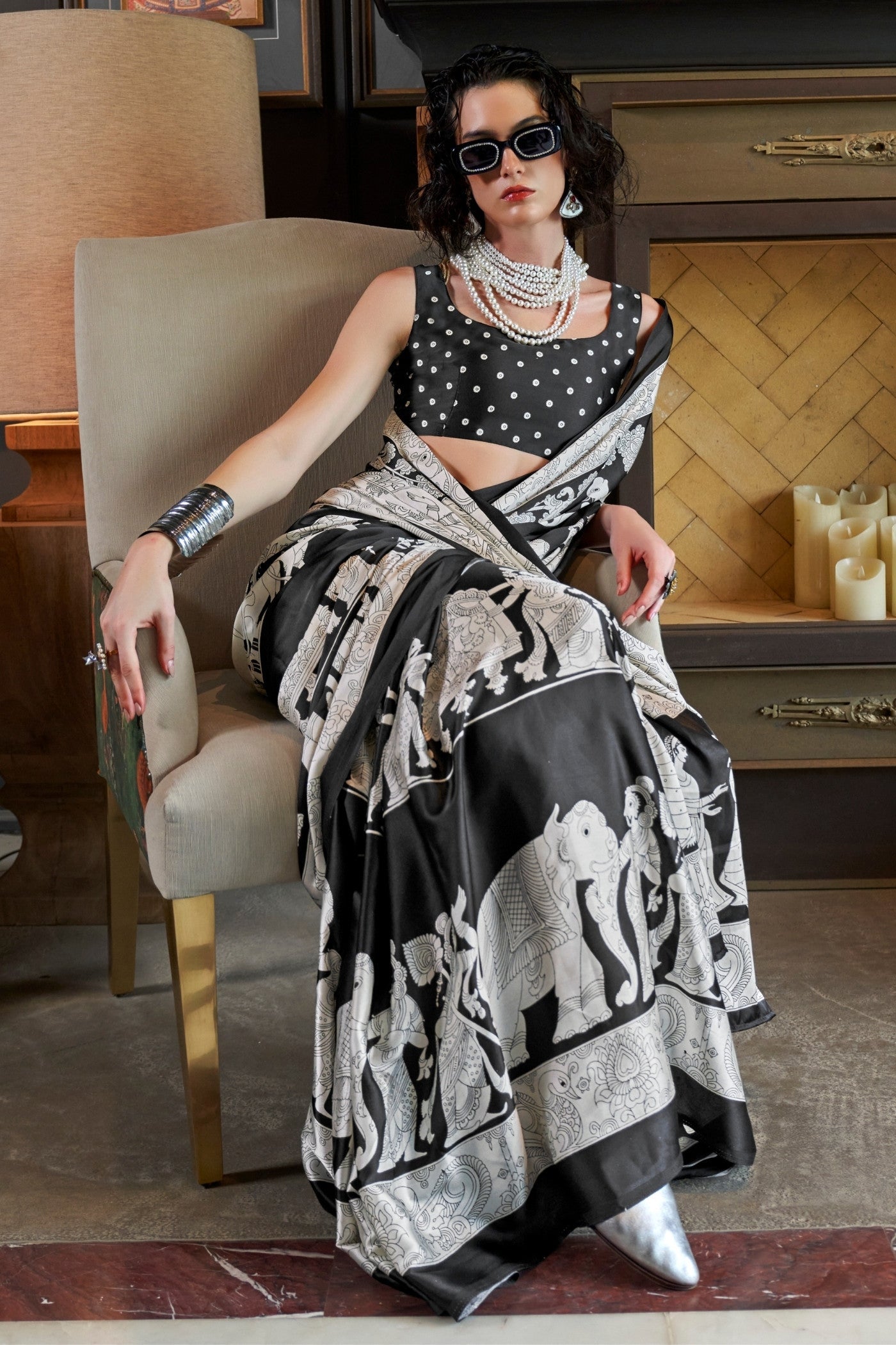 Asher Black and White Patola Printed Satin Crepe Saree