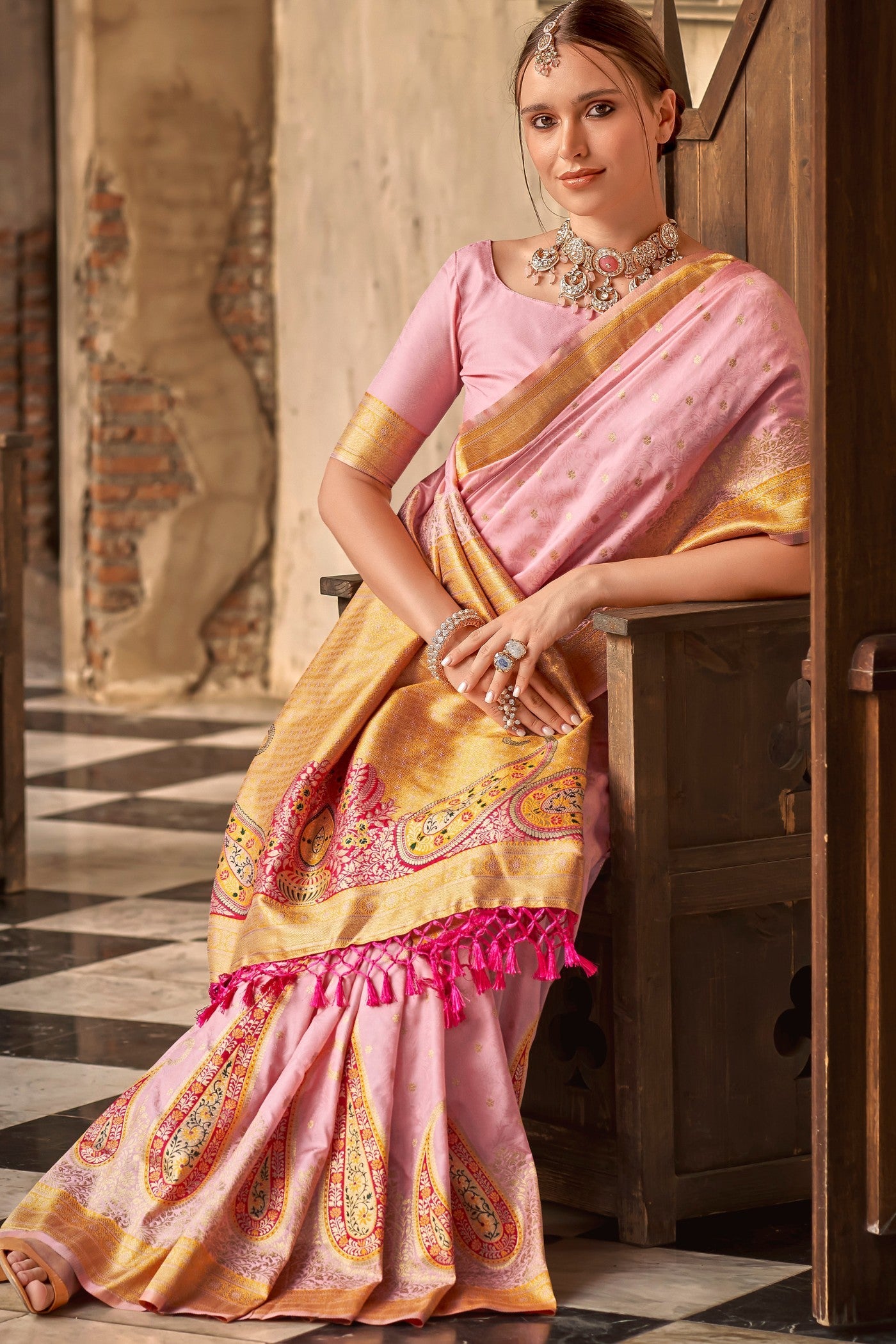 Shilo Pink Banarasi Soft Silk Saree