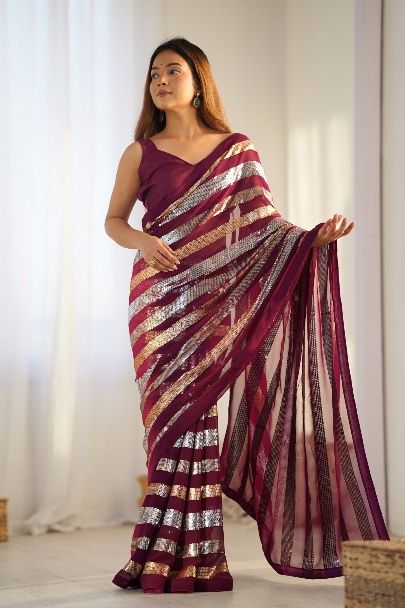 Tamarind Purple Georgette Partywear Saree