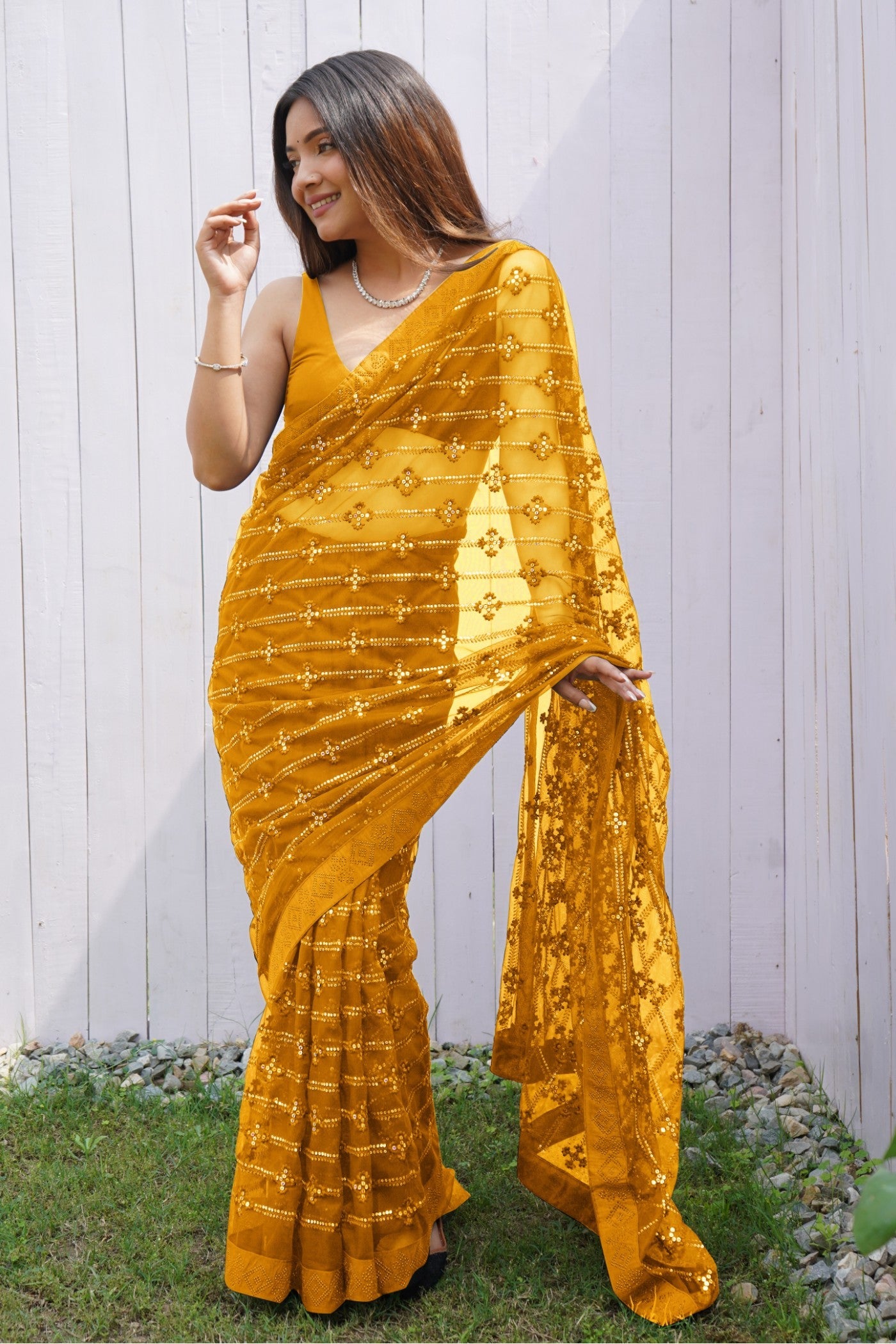 Amber Yellow Embroidered Partywear Saree