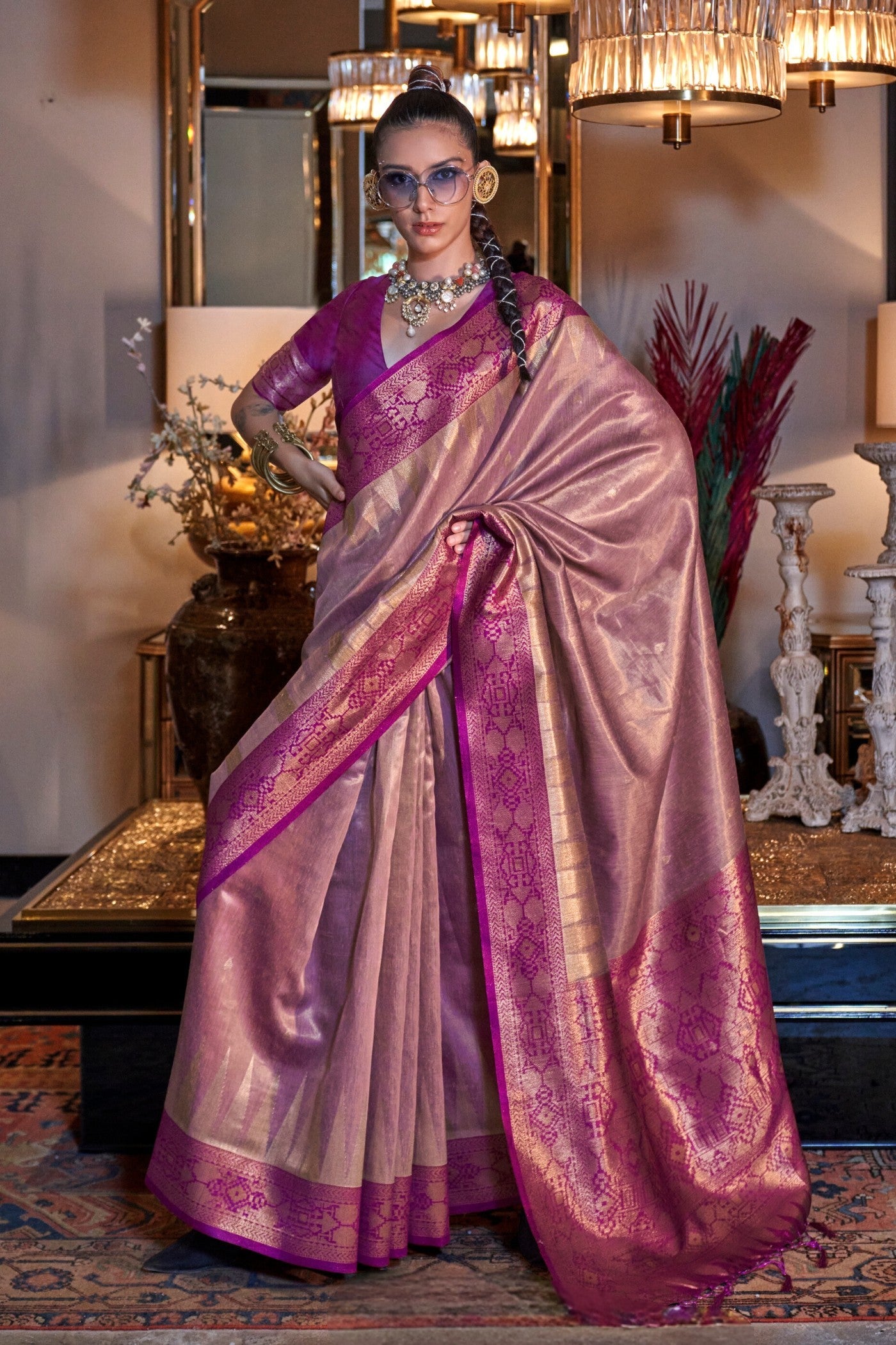 Rose Berry Purple Woven Tissue Silk Saree