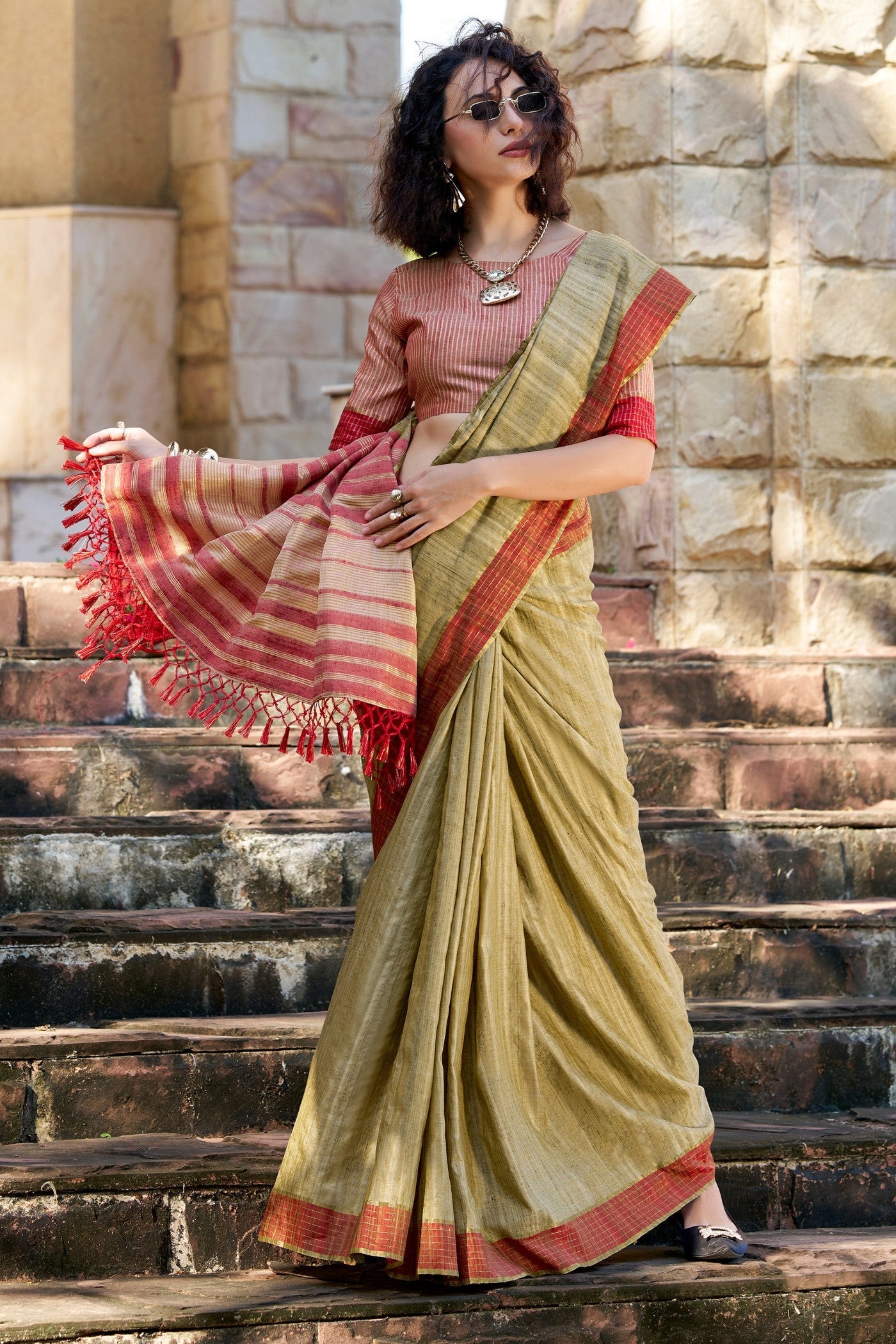 Barley Corn Green Handloom Katan Saree