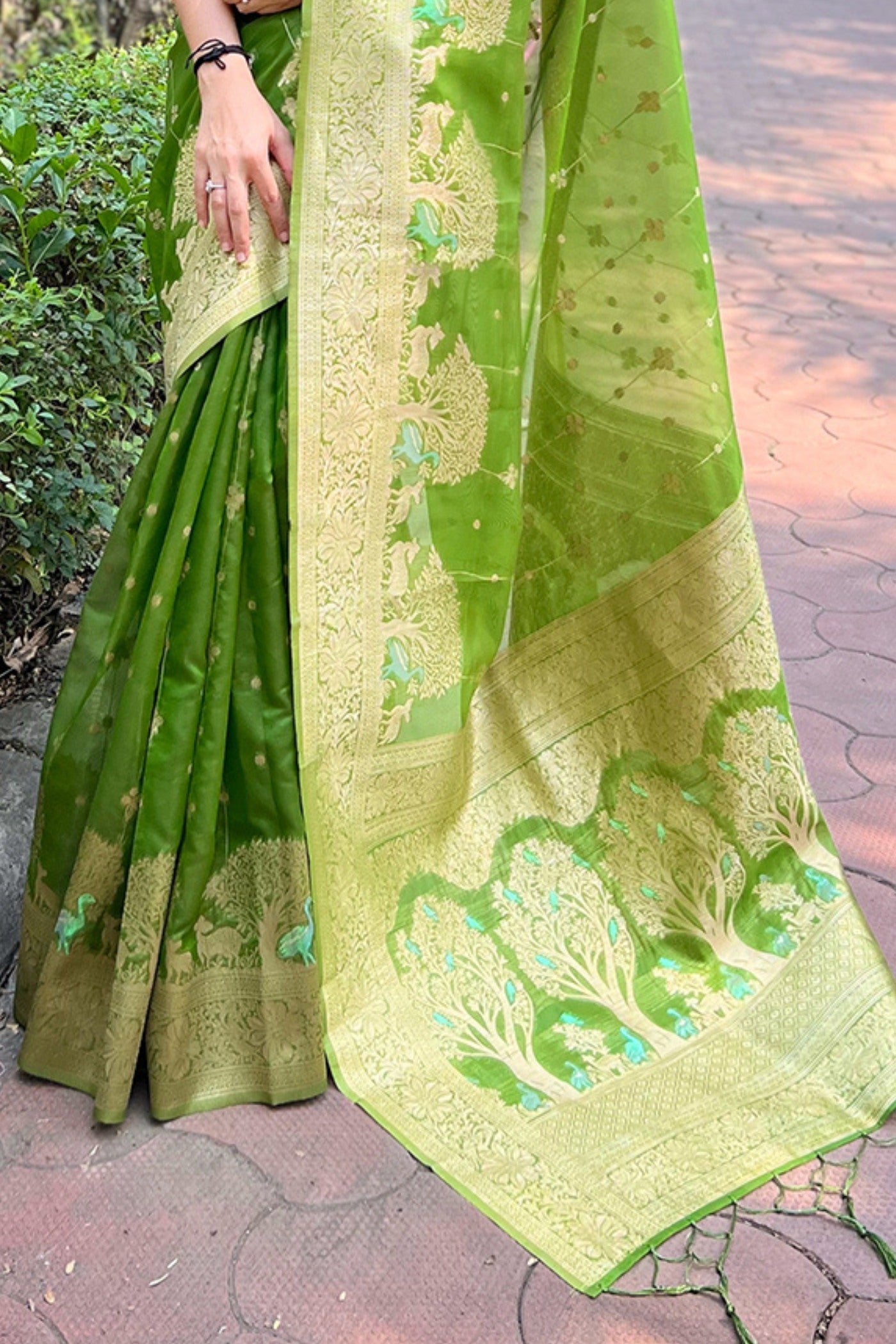 Celery Green Woven Organza Saree