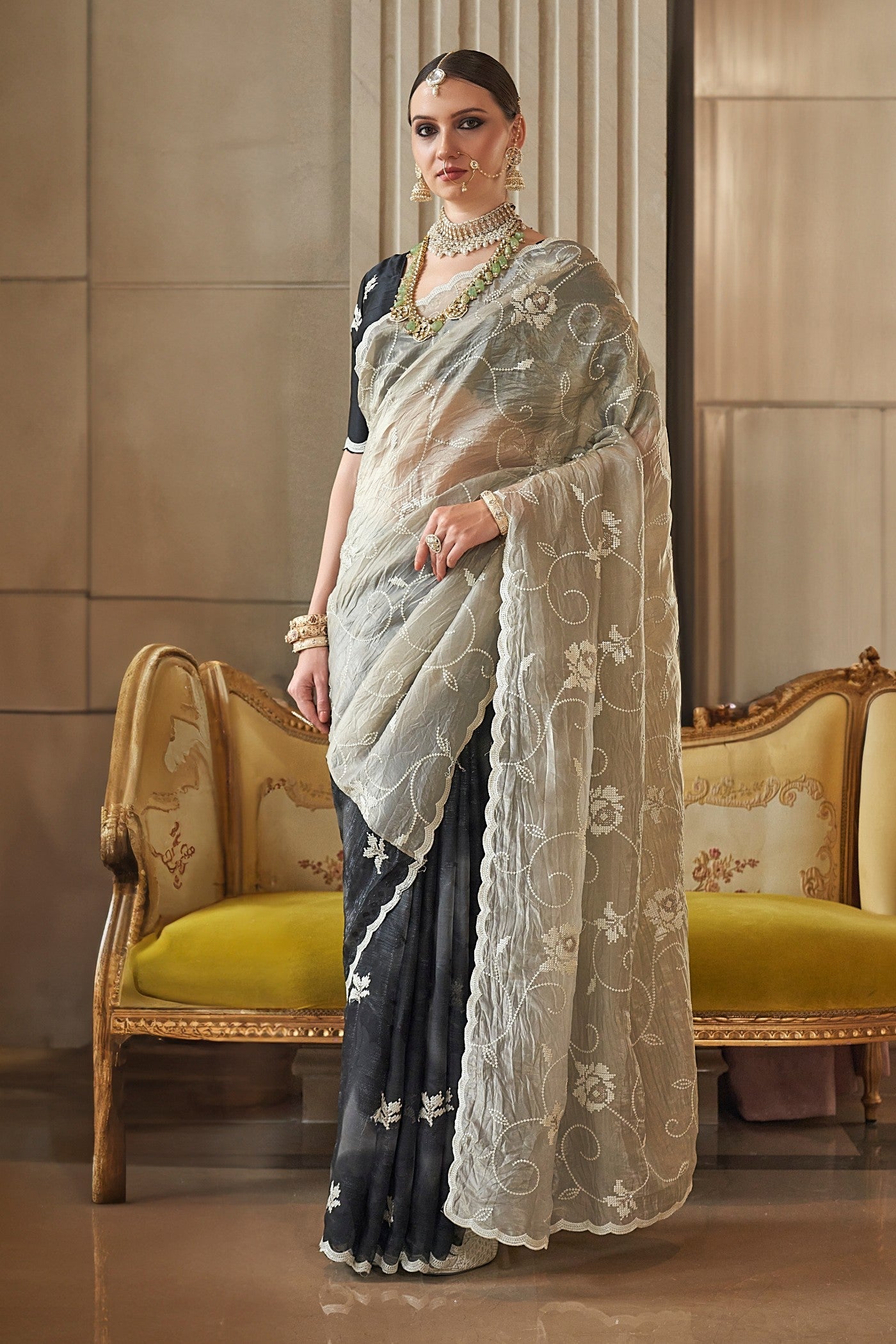 Bison Hide Green Tissue Designer Saree