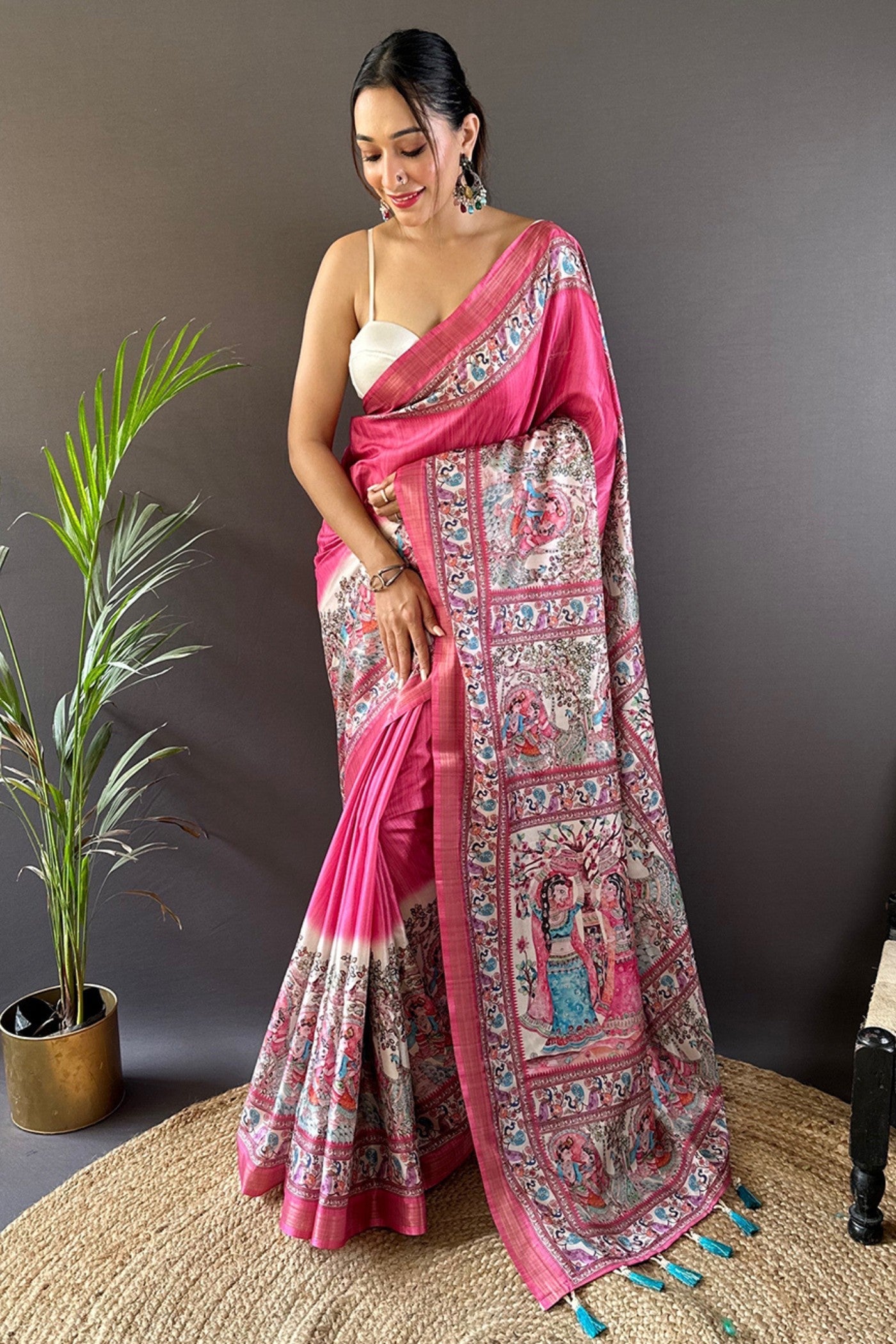 Mystic Pearl Pink Madhubani Printed Tussar Silk Saree