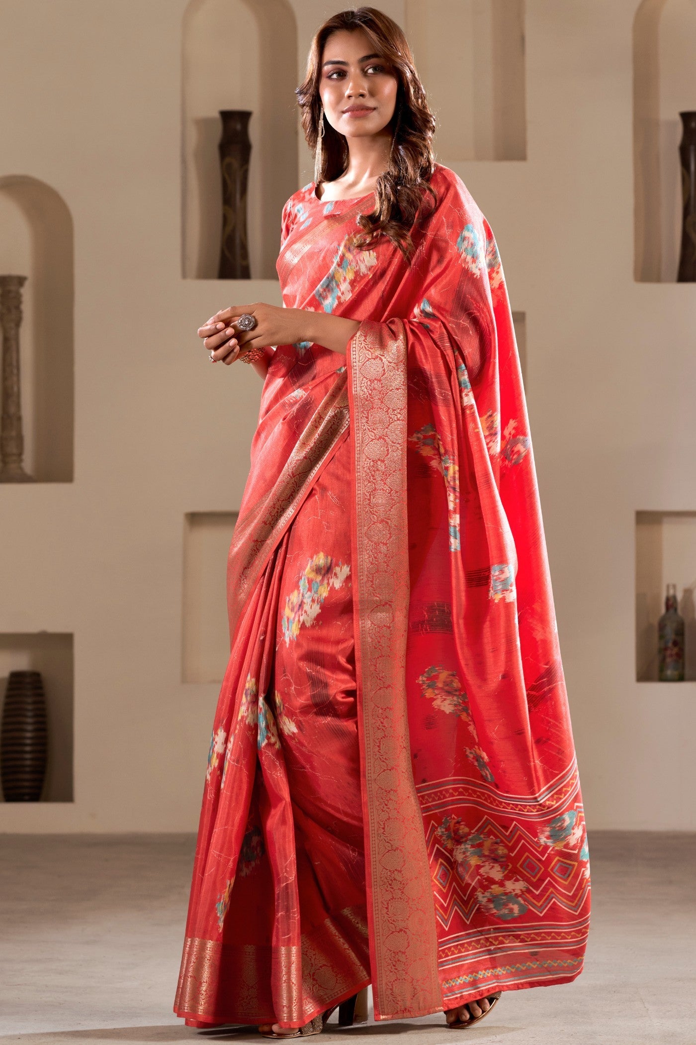 Tamrillo Red Printed Soft Dola Silk Saree