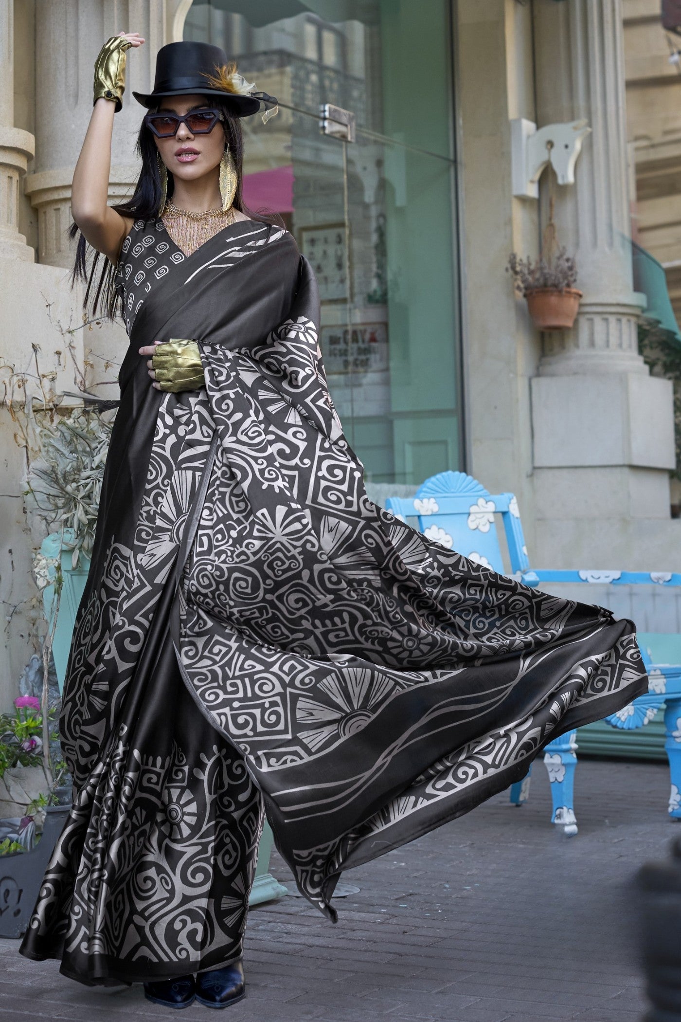 Pitch Black Printed Satin Crepe Silk Saree