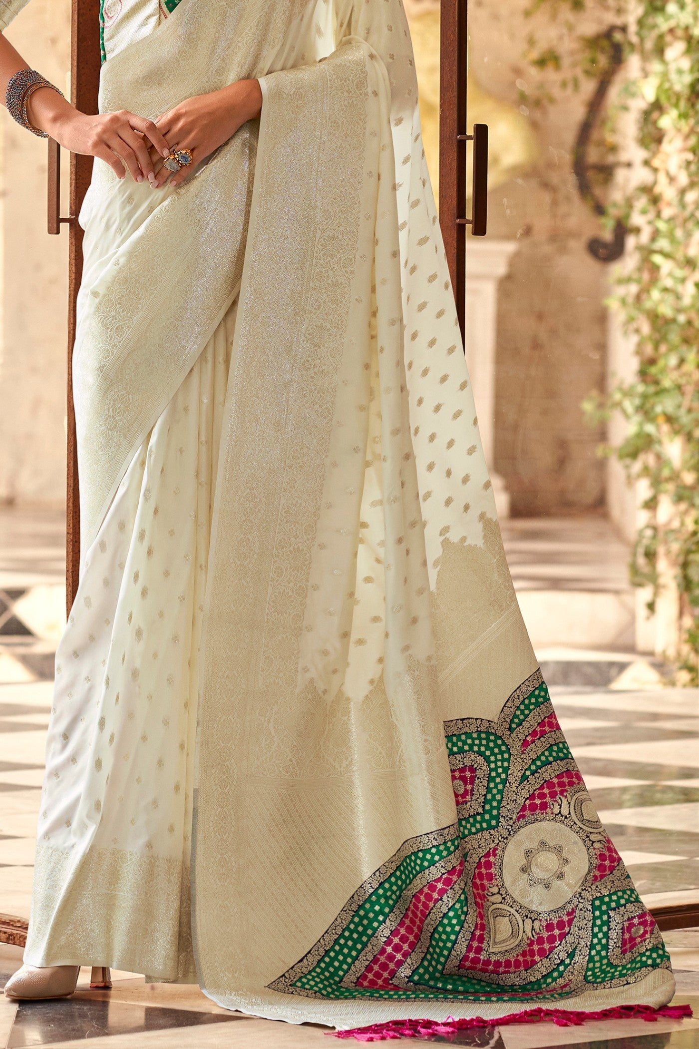 Snow White Woven Banarasi Soft Silk Saree