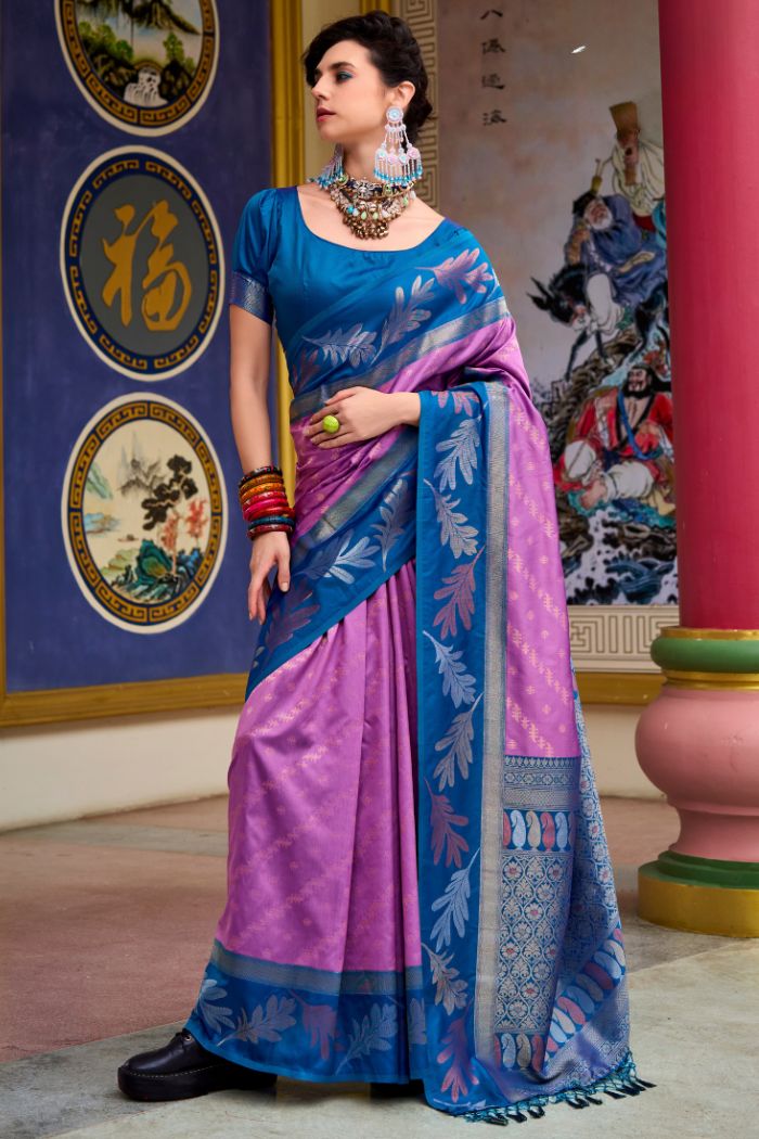 Shocking Pink and Blue Banarasi Soft Silk Saree