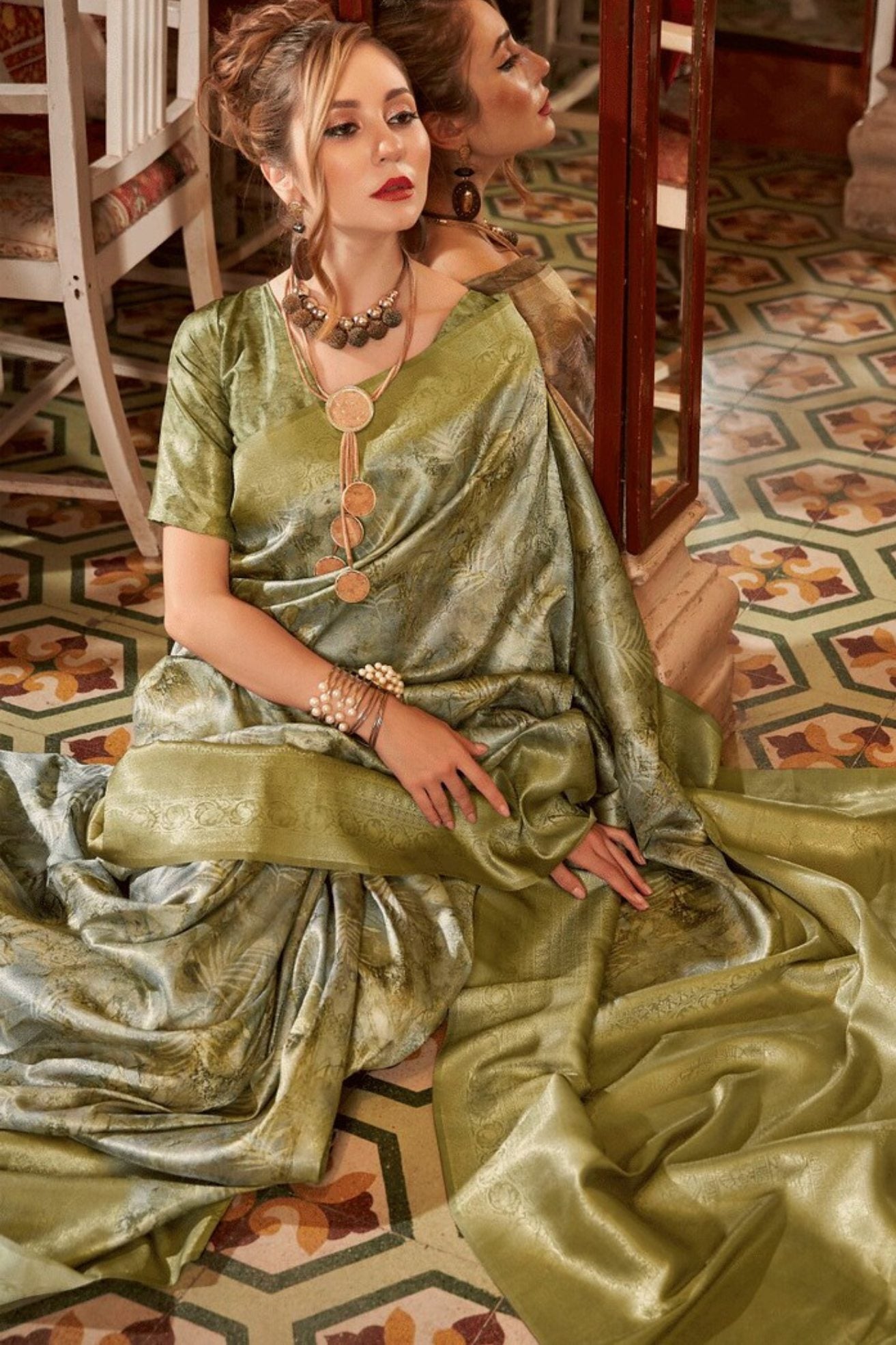 Costa Del Sol Green Banarasi Digital Printed Saree