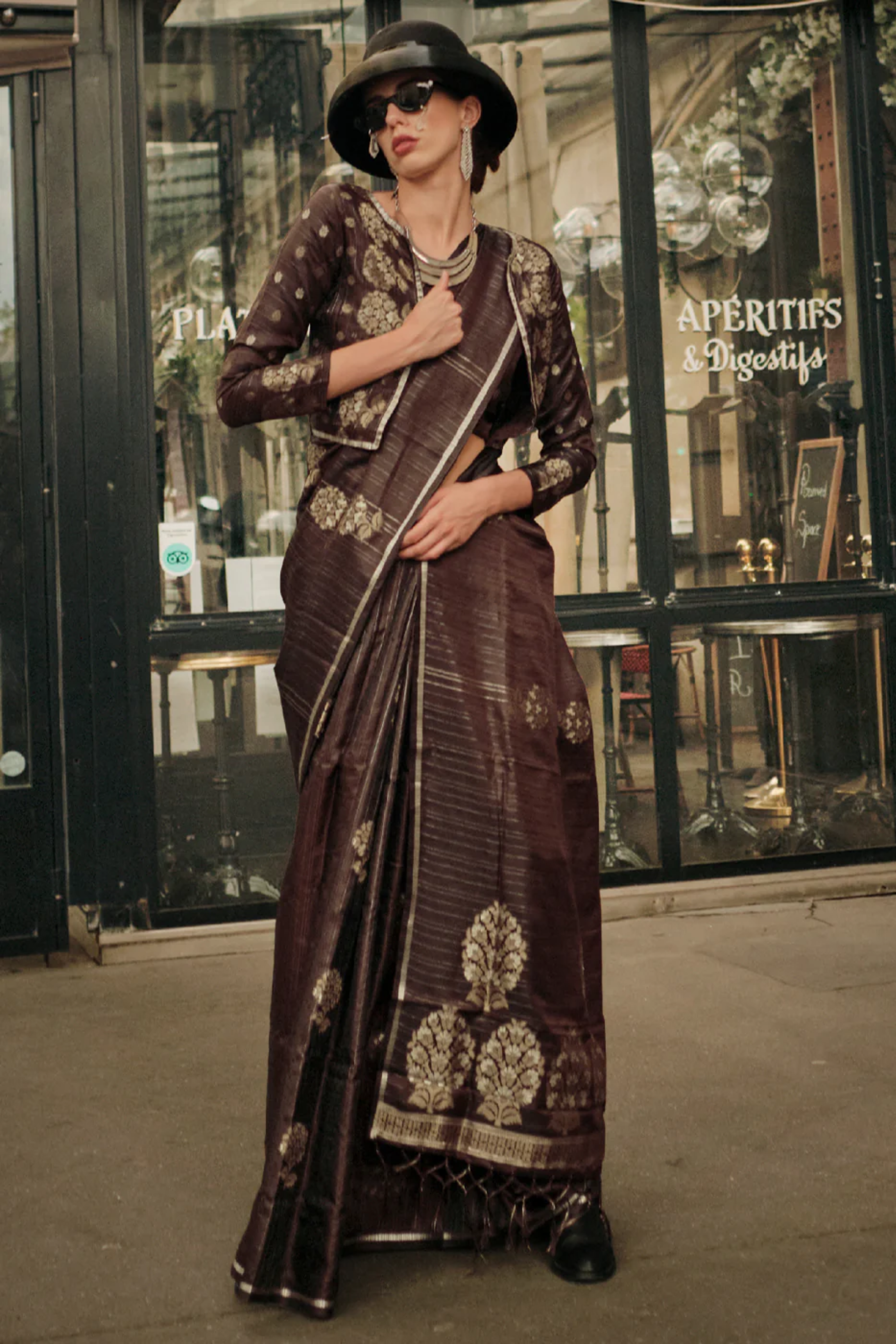 English Walnut Brown Woven Banarasi Satin Silk Saree