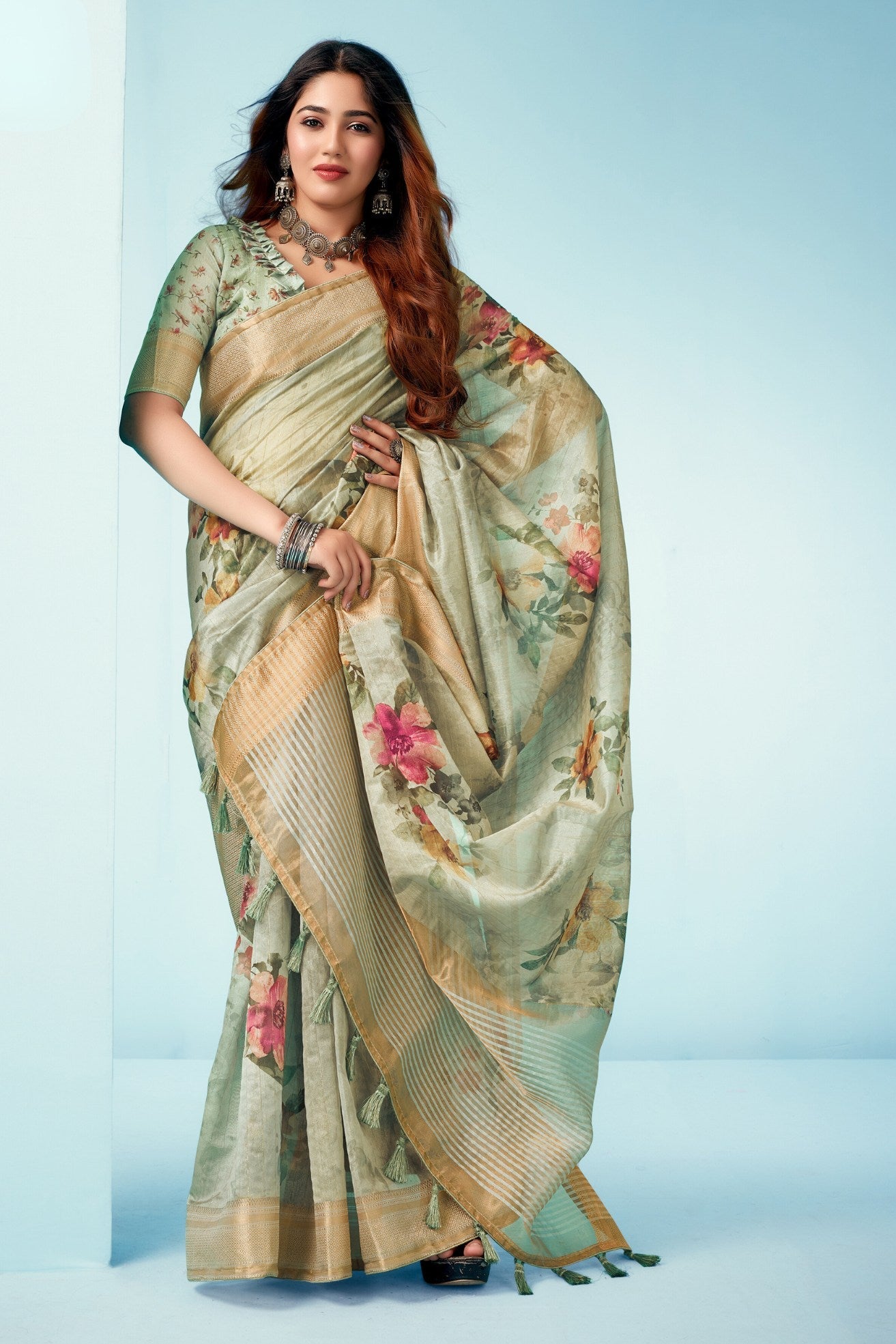 Limed Ash Green Floral Linen Saree