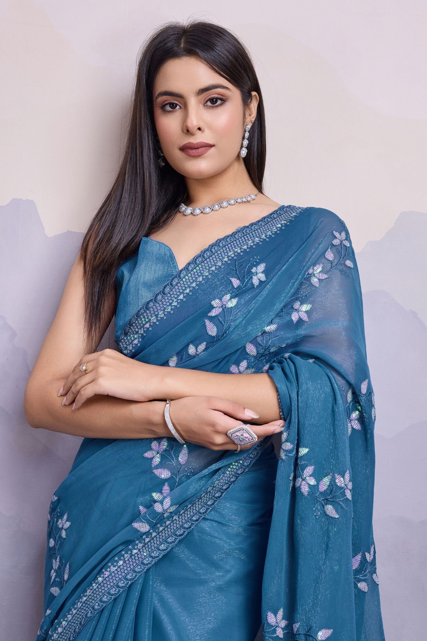 Celadon Blue Embroidered Designer Chiffon Saree