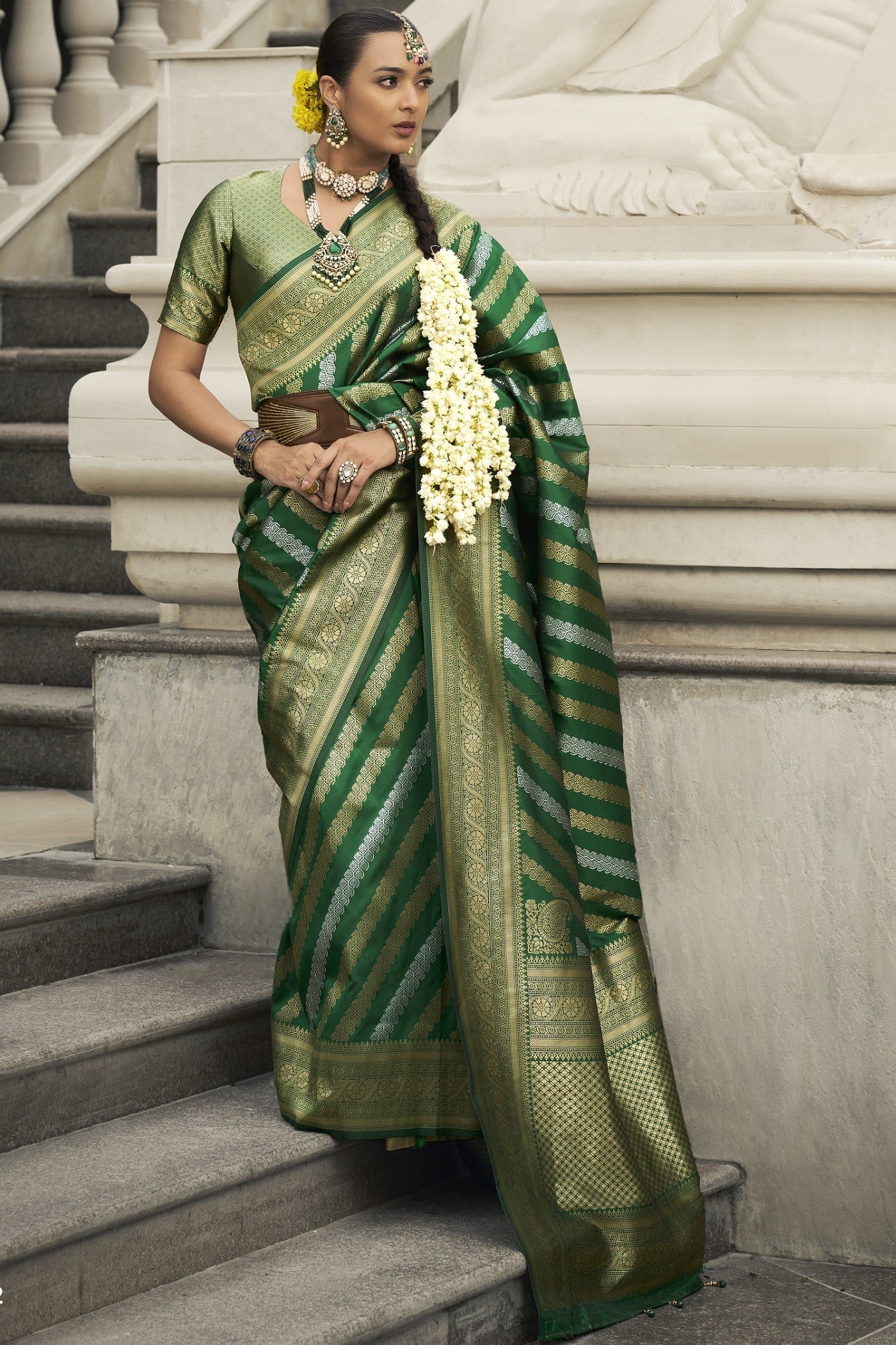 Gray Asparagus Green Woven Banarasi Saree