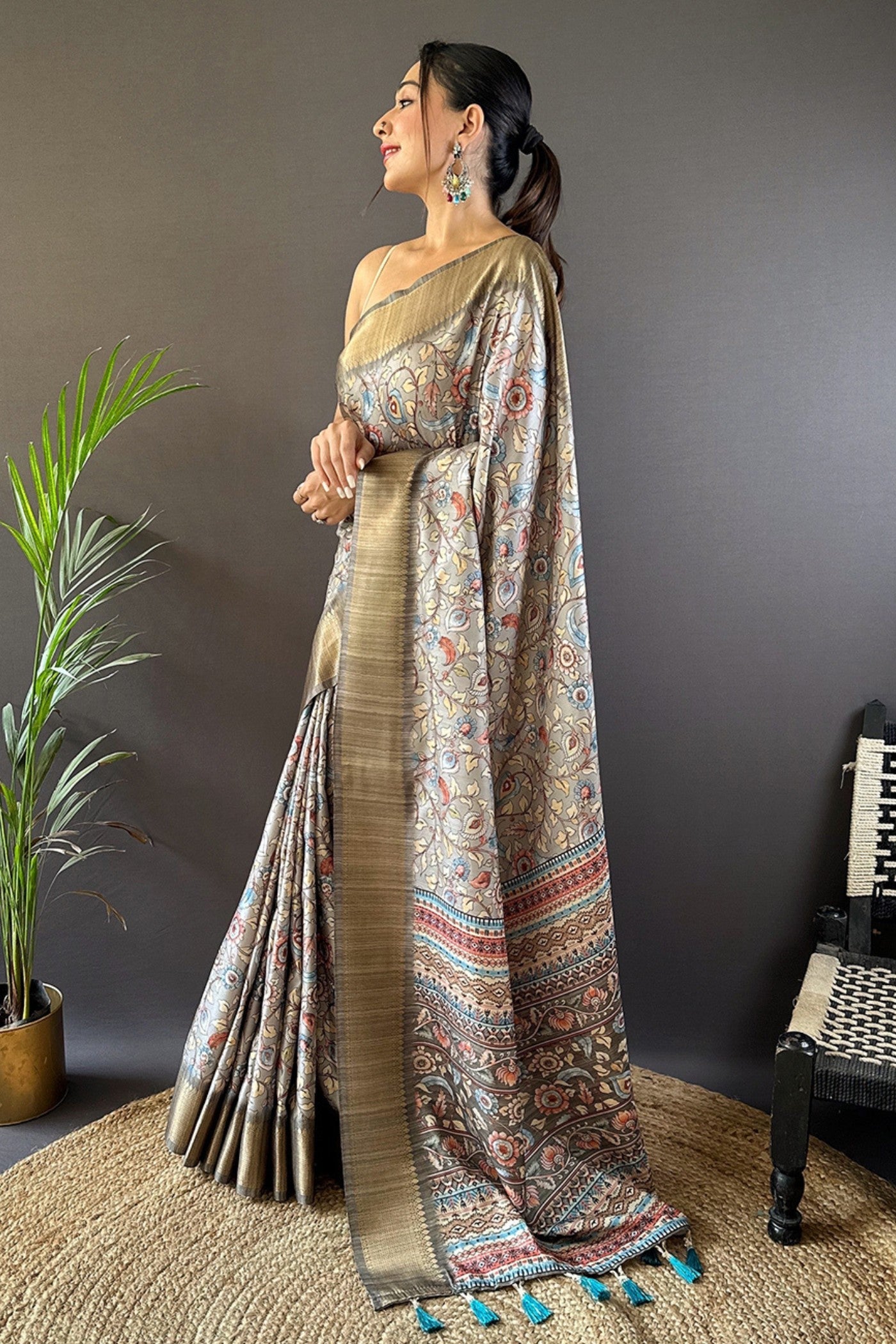 Smokey Grey Printed Tussar Silk Saree