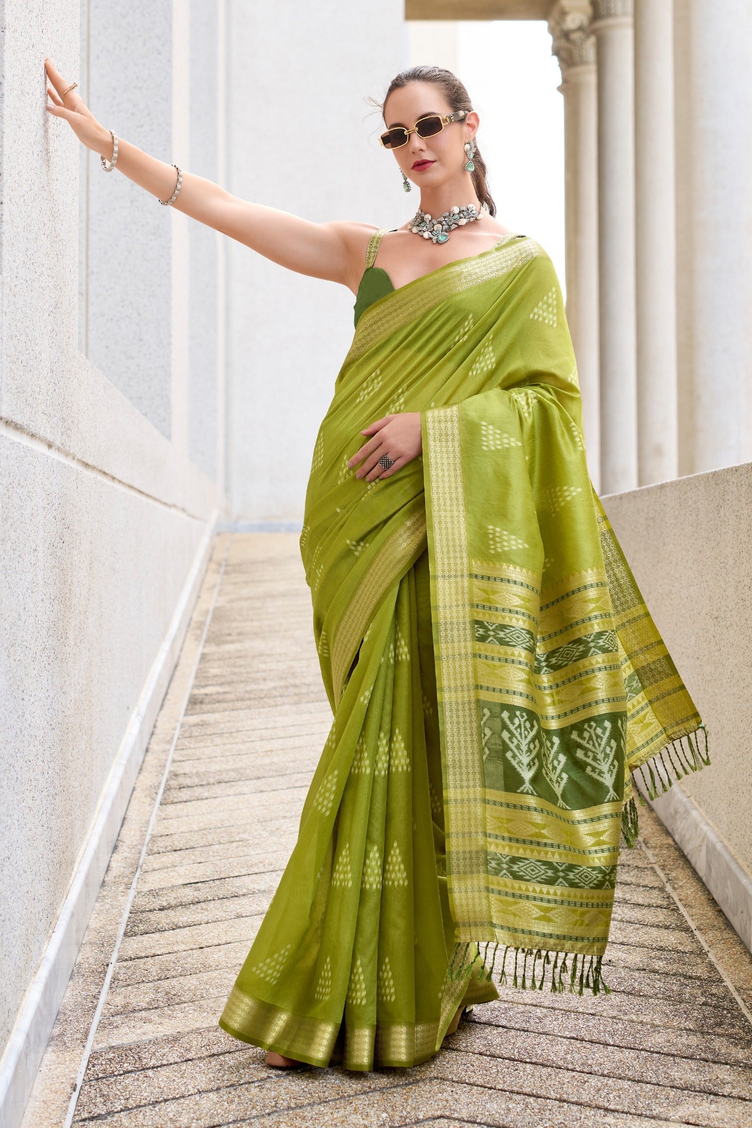 Ceramic Green Ikkat Woven Banarasi Saree